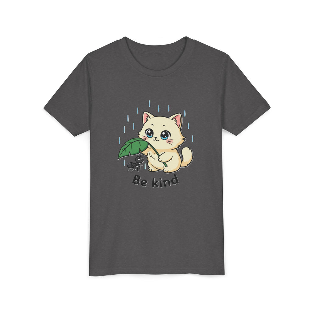 Youth Tee — Cute Kitten Holding Leak Umbrella over Ant with 'Be Kind' Message - Kids