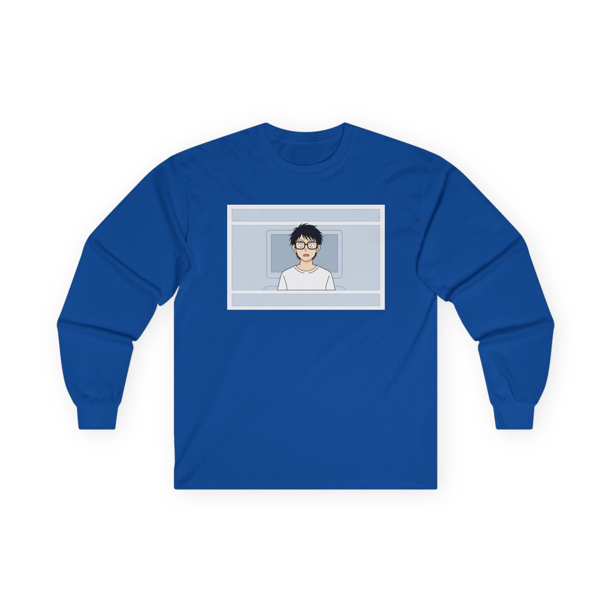 Clueless Otaku Guy Long Sleeve Tee — Minimalist Window Portrait Graphic - Adult
