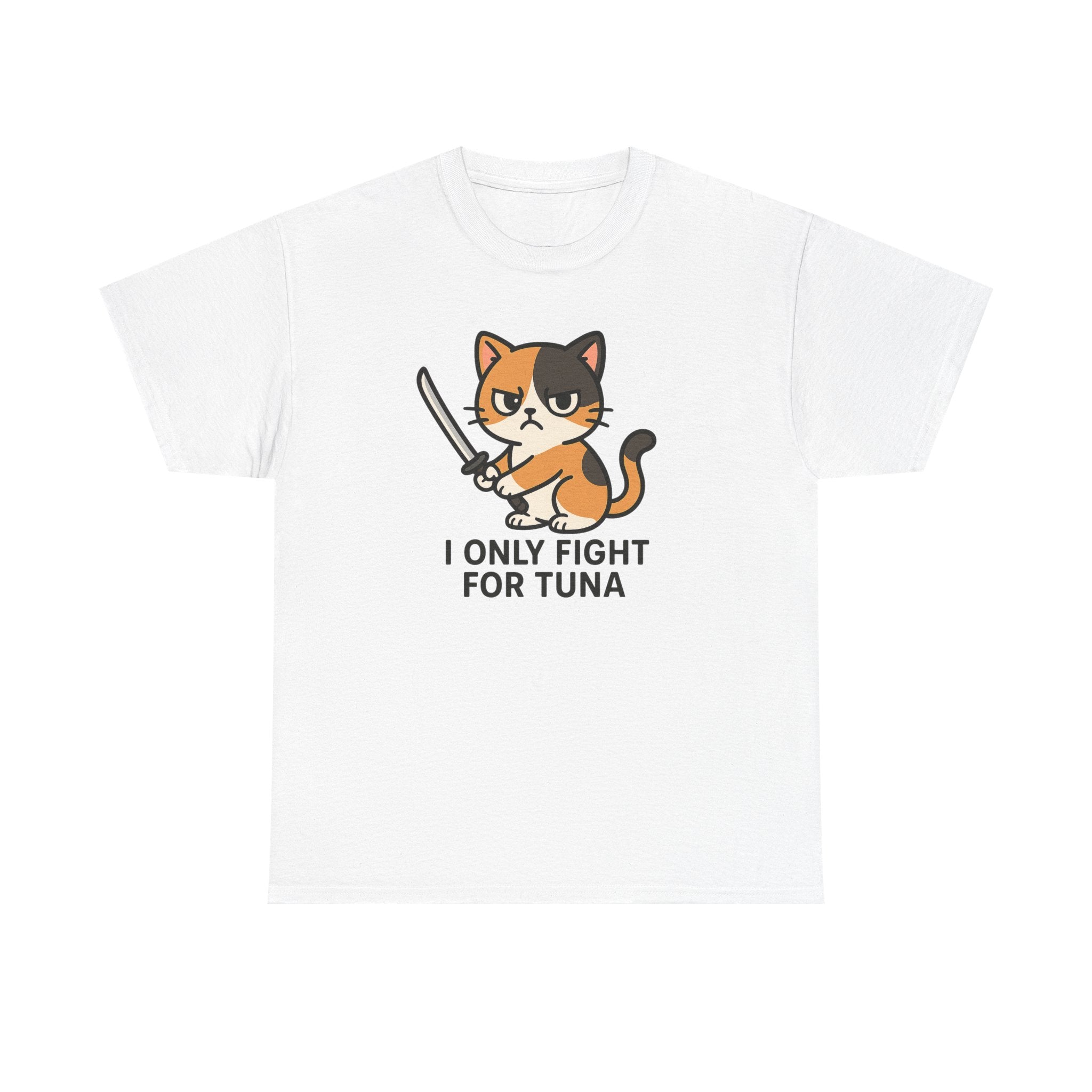 Cat Sword T-Shirt — "I Only Fight for Tuna" Cute Samurai Cat Tee - Adult