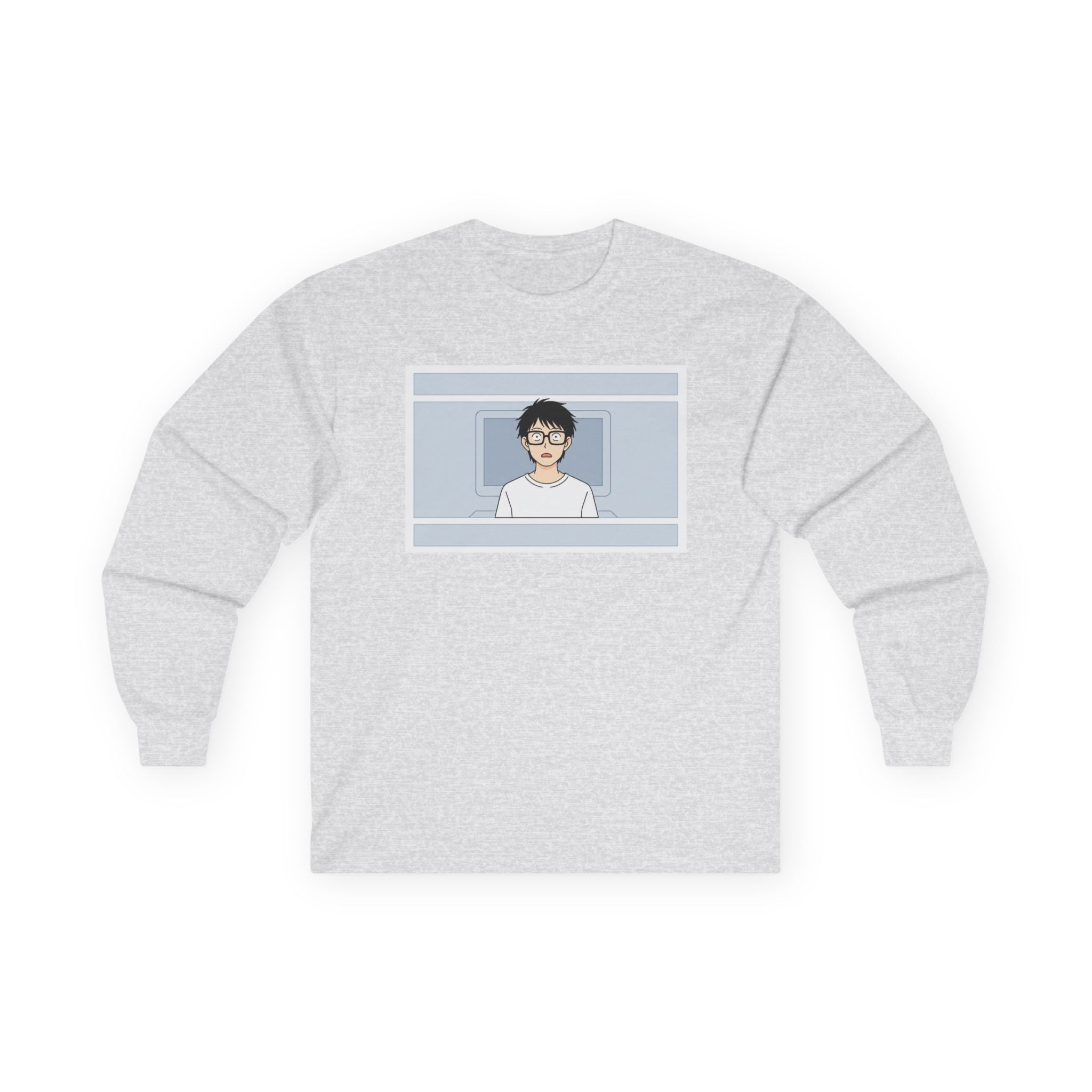 Clueless Otaku Guy Long Sleeve Tee — Minimalist Window Portrait Graphic - Adult