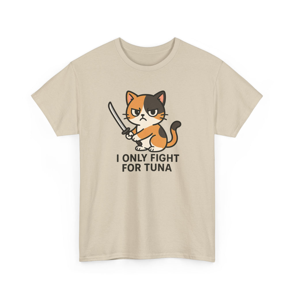 Cat Sword T-Shirt — "I Only Fight for Tuna" Cute Samurai Cat Tee - Adult