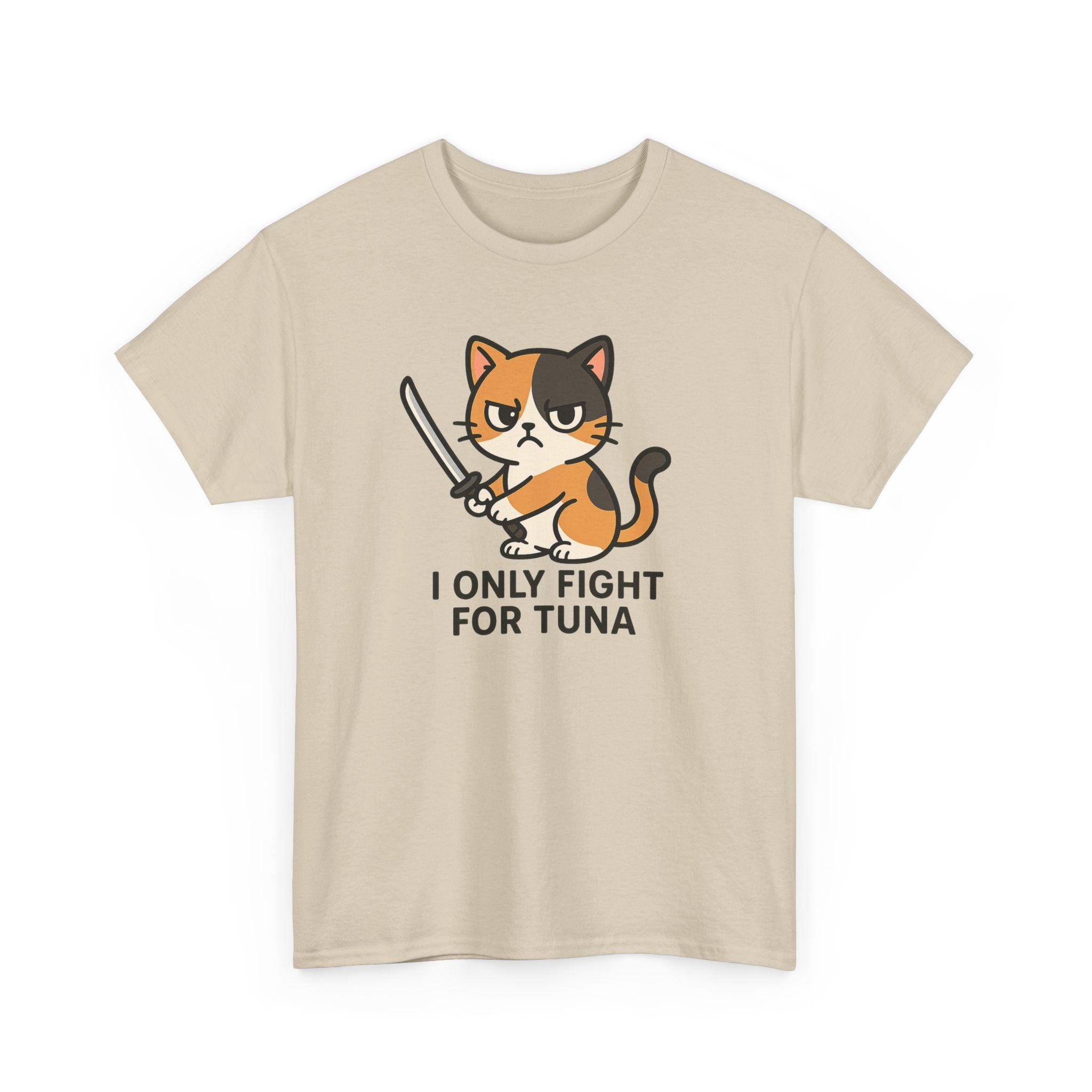 Cat Sword T-Shirt — "I Only Fight for Tuna" Cute Samurai Cat Tee - Adult