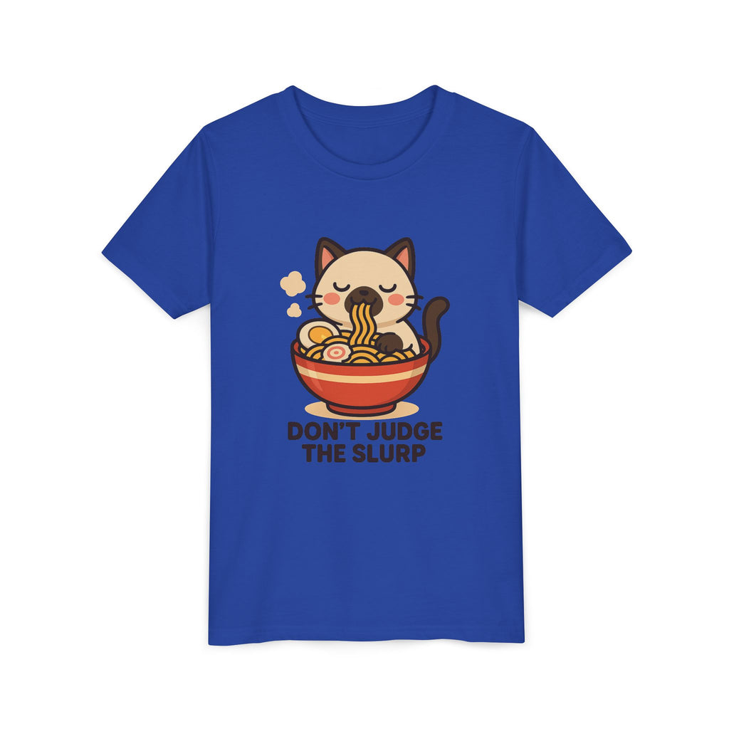Youth Tee — Cute Cat Eating Ramen 'Don't Judge The Slurp' Graphic Shirt