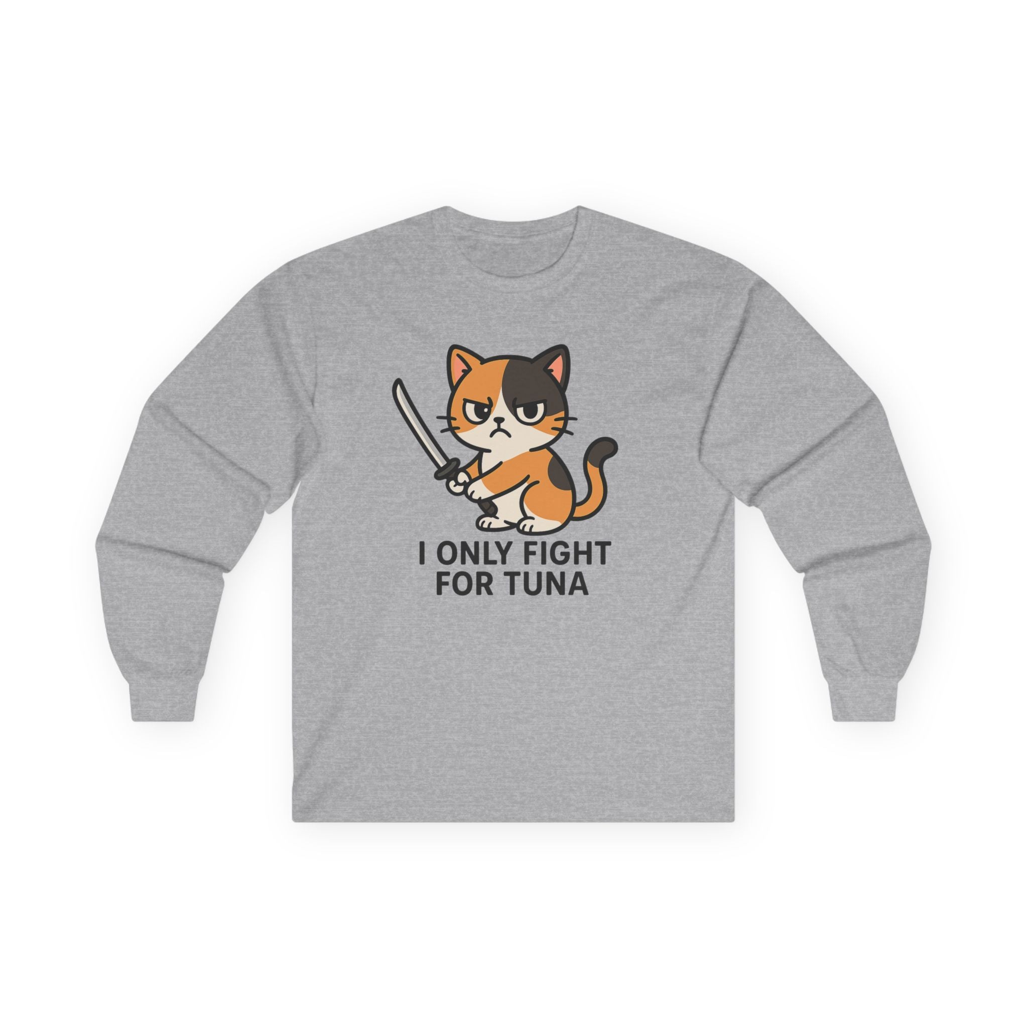 Cat Lover Long Sleeve Tee — "I Only Fight for Tuna" Cute Calico Cat Graphic - Adult