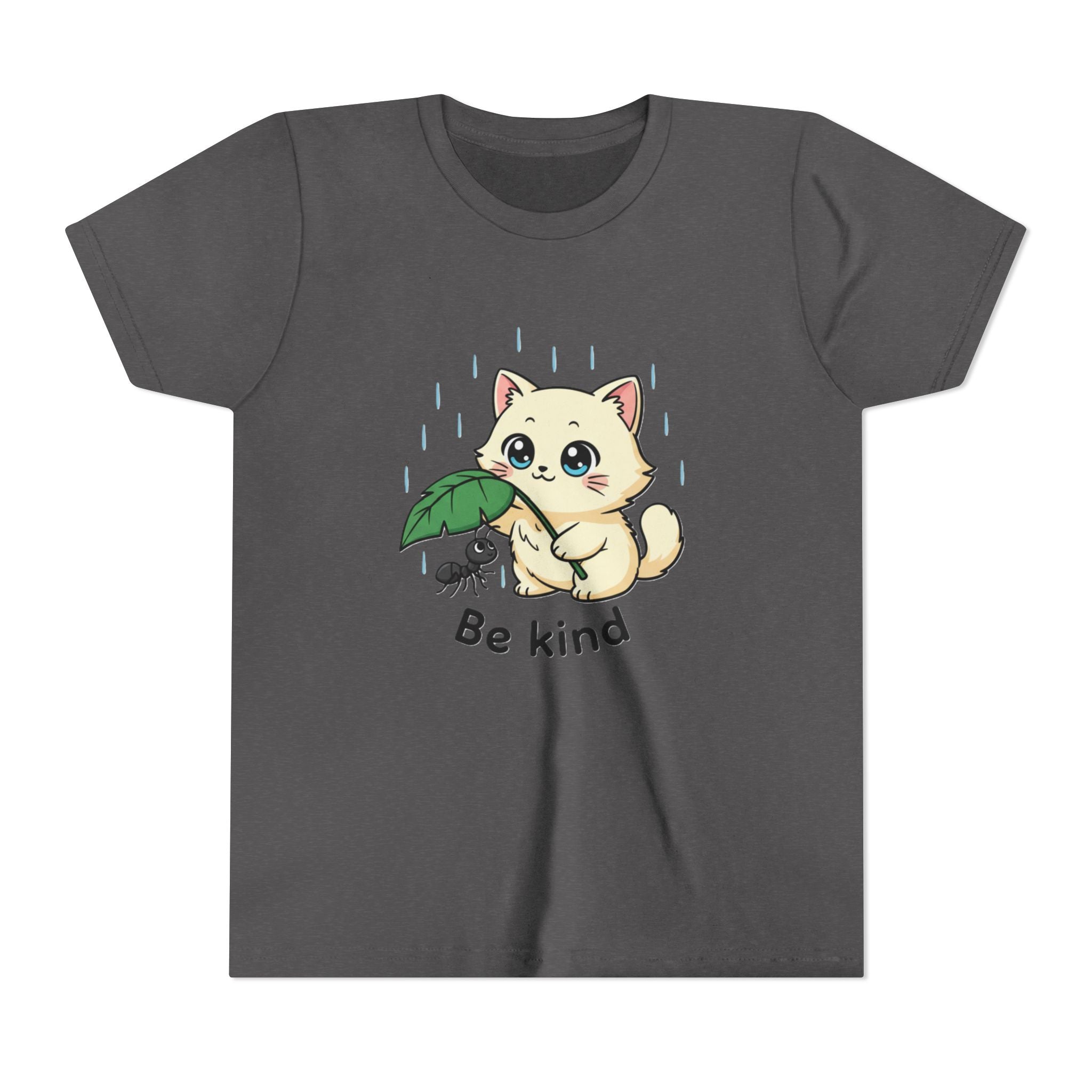 Youth Tee — Cute Kitten Holding Leak Umbrella over Ant with 'Be Kind' Message - Kids