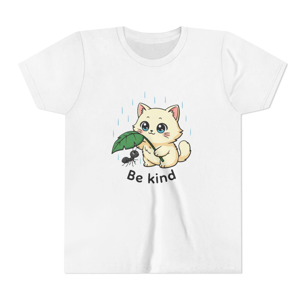 Youth Tee — Cute Kitten Holding Leak Umbrella over Ant with 'Be Kind' Message - Kids