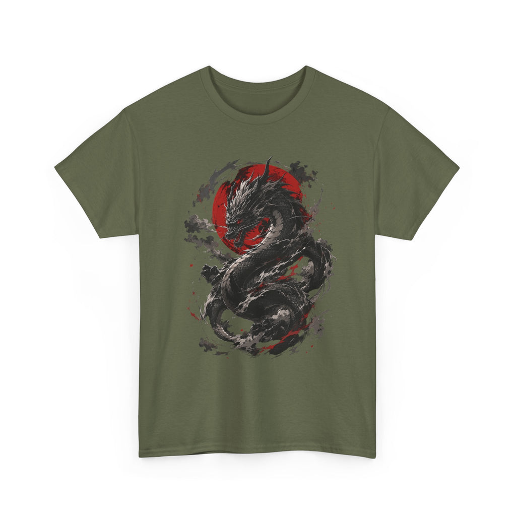 Dragon Moon T‑Shirt — Black Ink Serpent with Red Sun Graphic - Adult