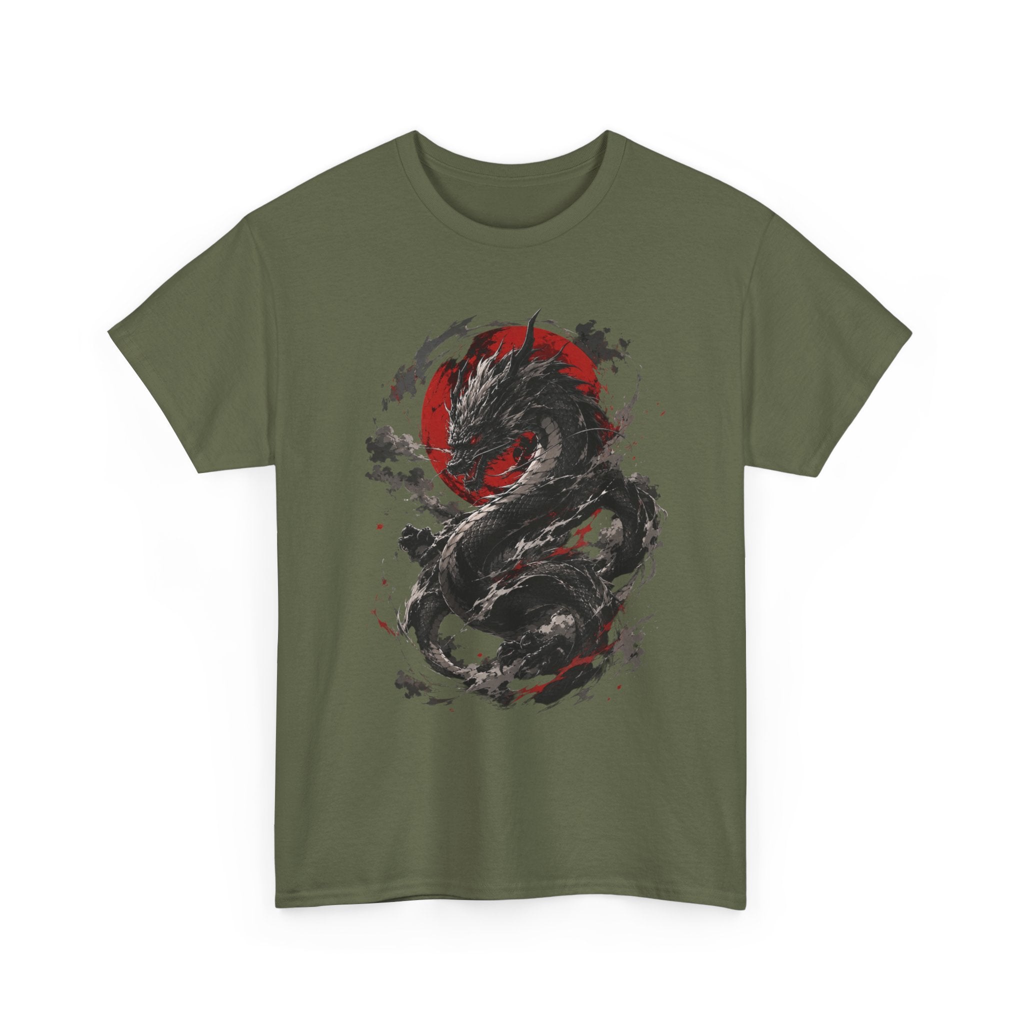 Dragon Moon T‑Shirt — Black Ink Serpent with Red Sun Graphic - Adult