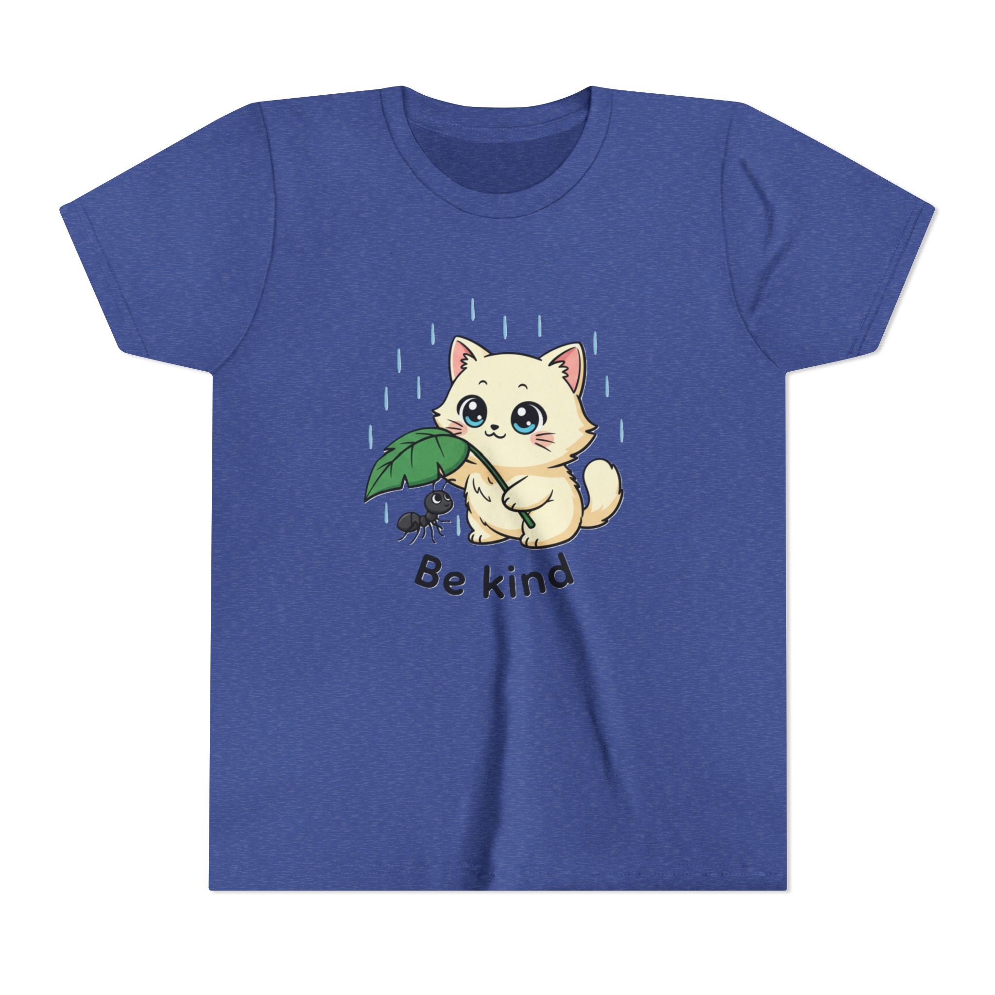 Youth Tee — Cute Kitten Holding Leak Umbrella over Ant with 'Be Kind' Message - Kids