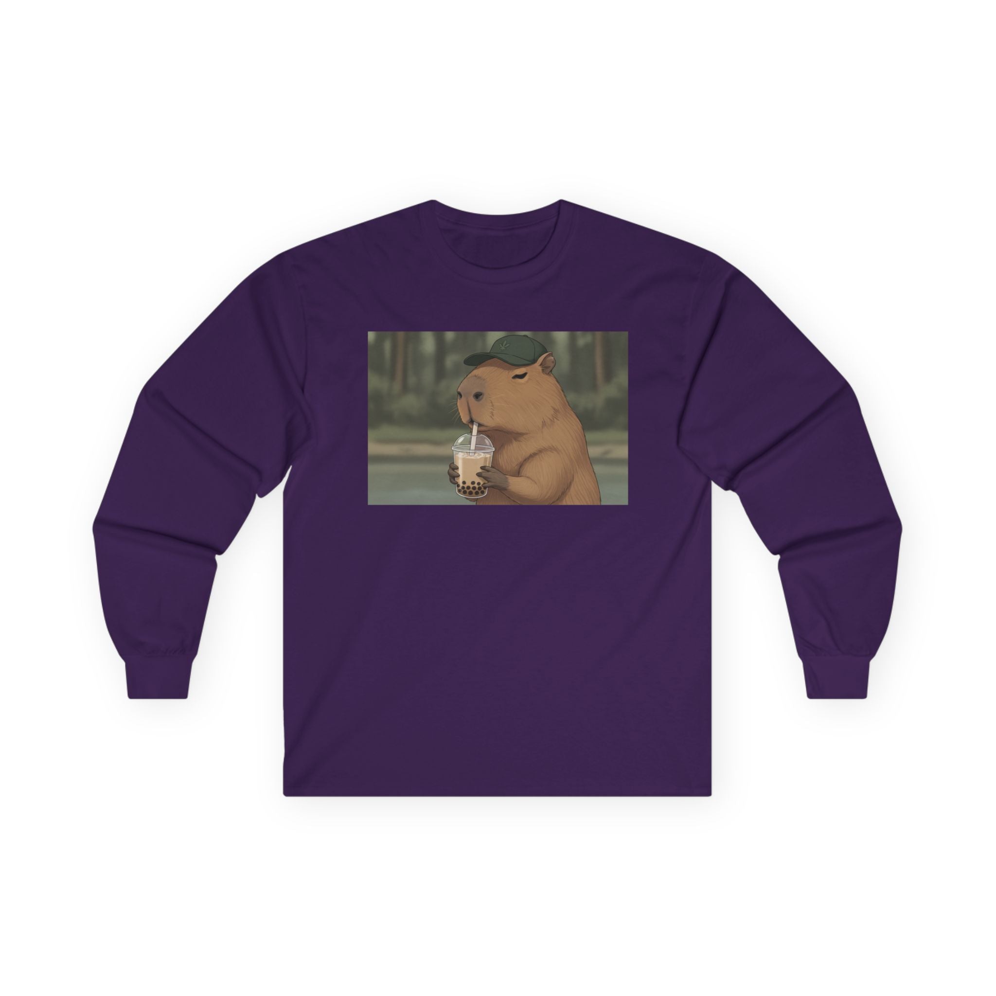 Capybara Drinking Boba Tea Long Sleeve Tee — Cozy Capybara Animal Graphic Shirt - Adult