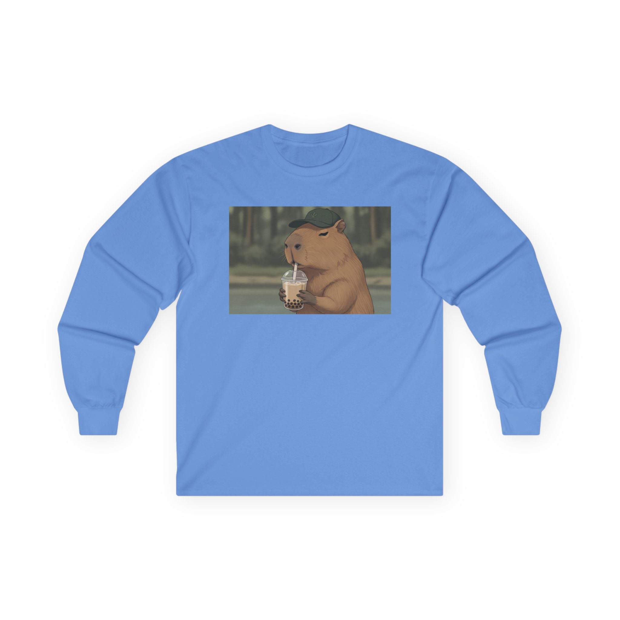Capybara Drinking Boba Tea Long Sleeve Tee — Cozy Capybara Animal Graphic Shirt - Adult