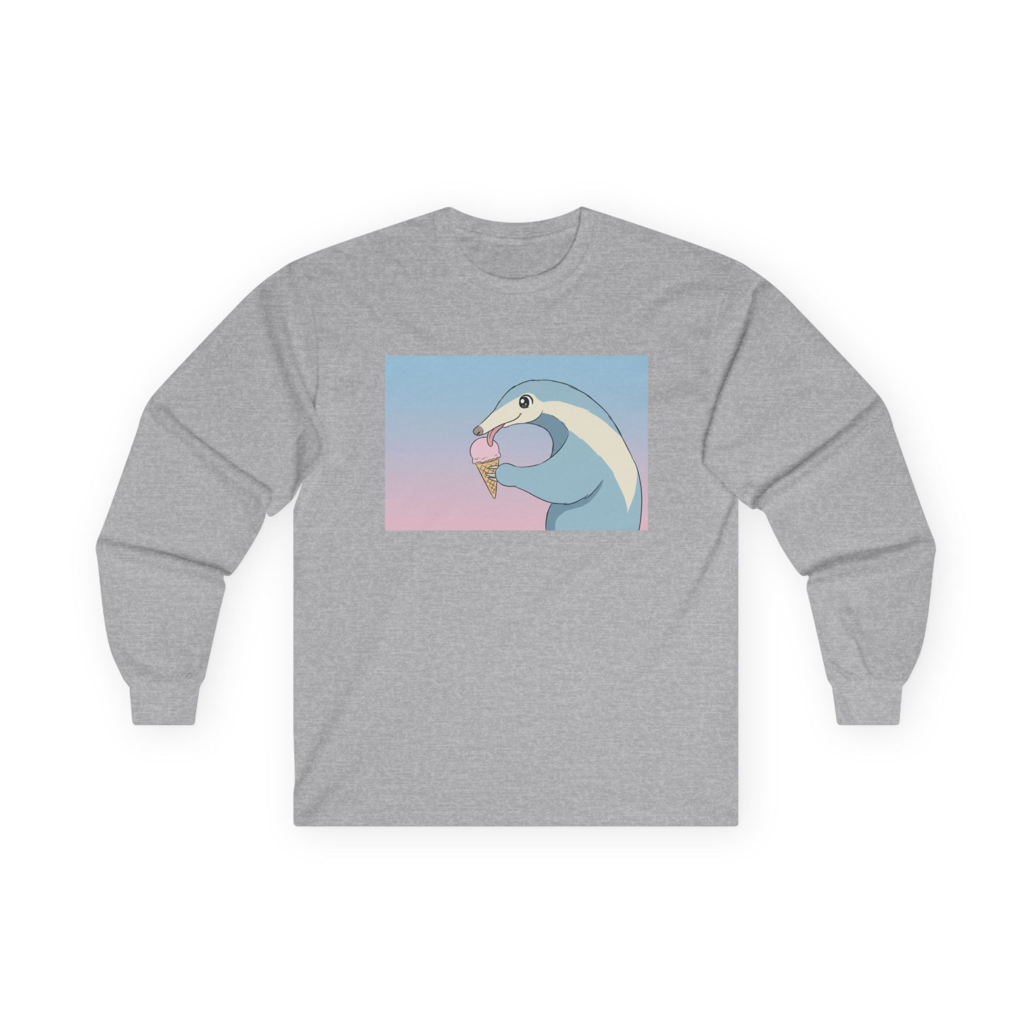 Anteater Eating Ice Cream Long Sleeve Tee — Cute Pastel Anteater Graphic Shirt - Adult