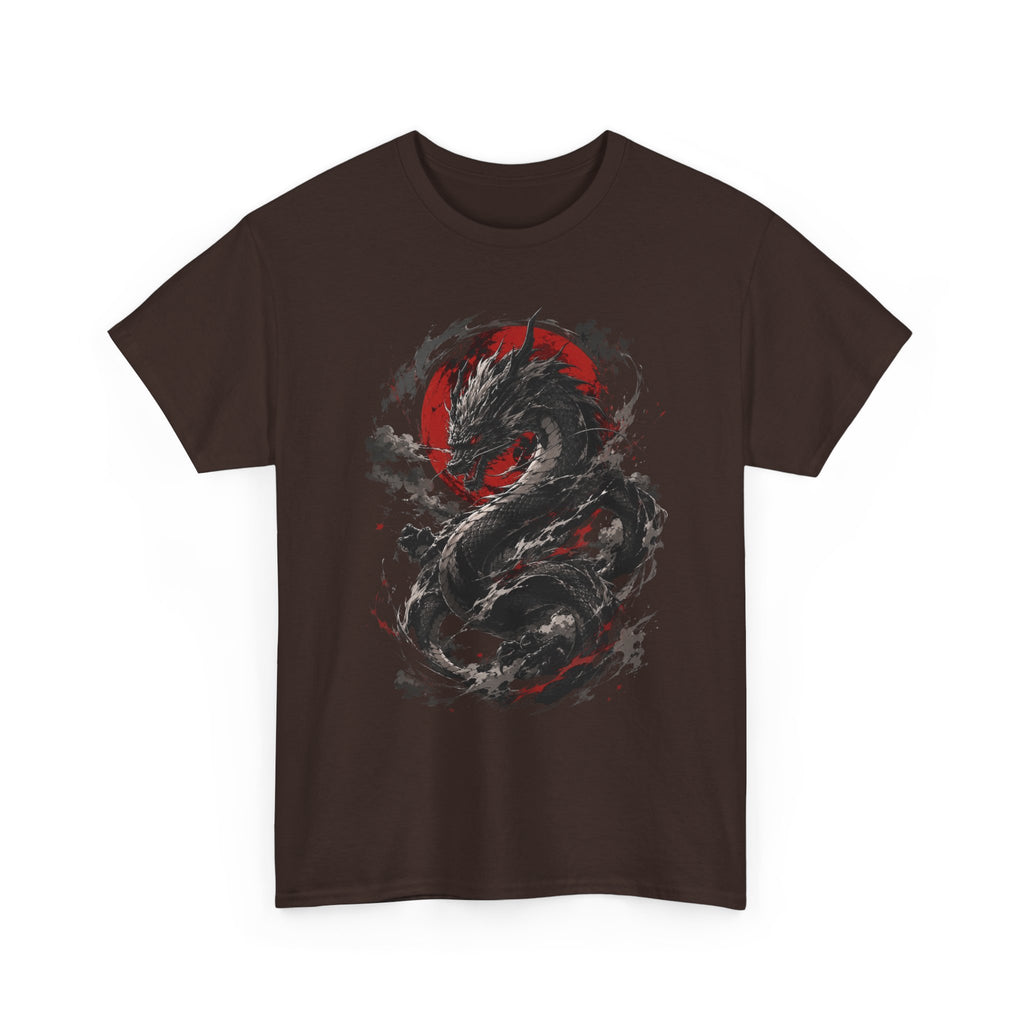 Dragon Moon T‑Shirt — Black Ink Serpent with Red Sun Graphic - Adult