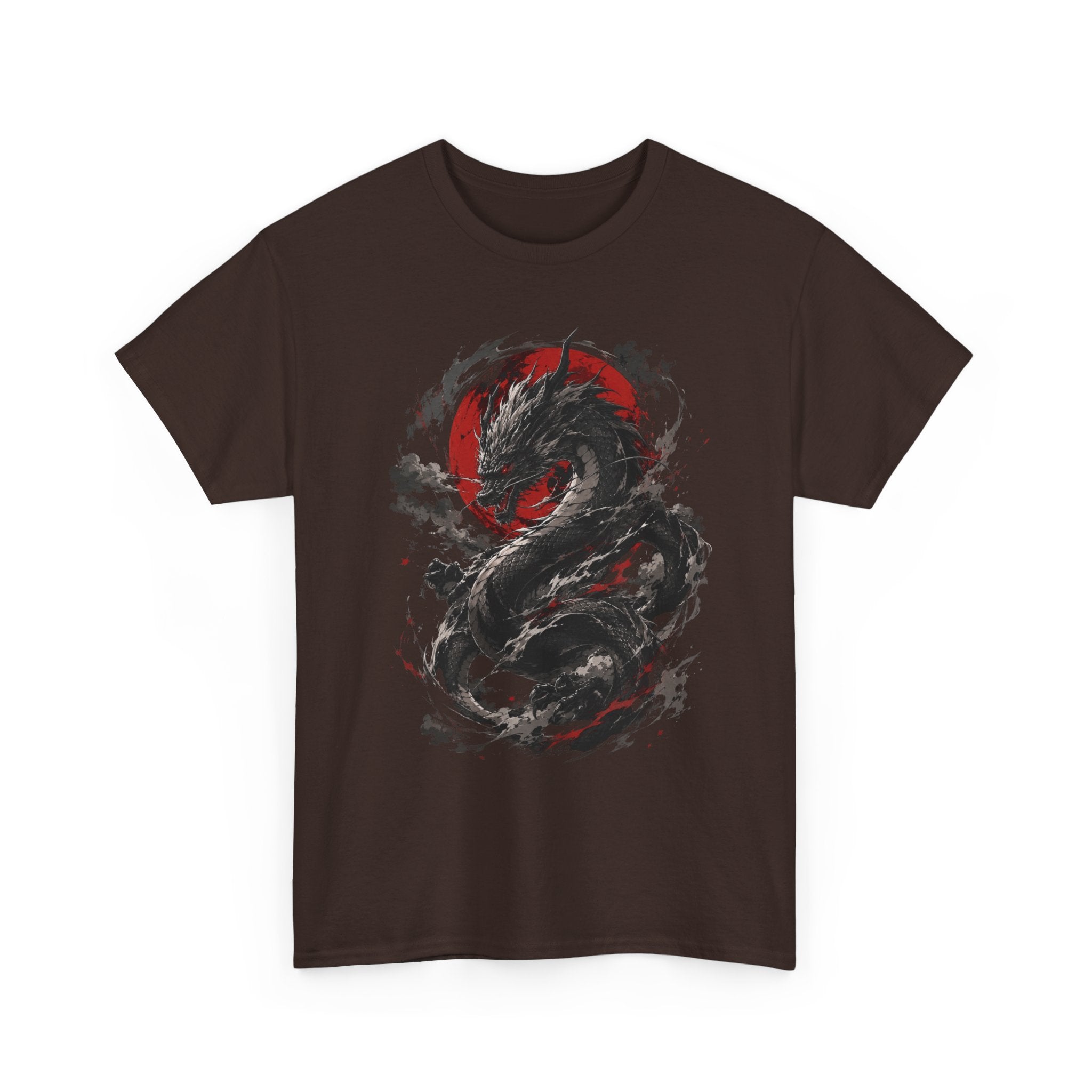Dragon Moon T‑Shirt — Black Ink Serpent with Red Sun Graphic - Adult