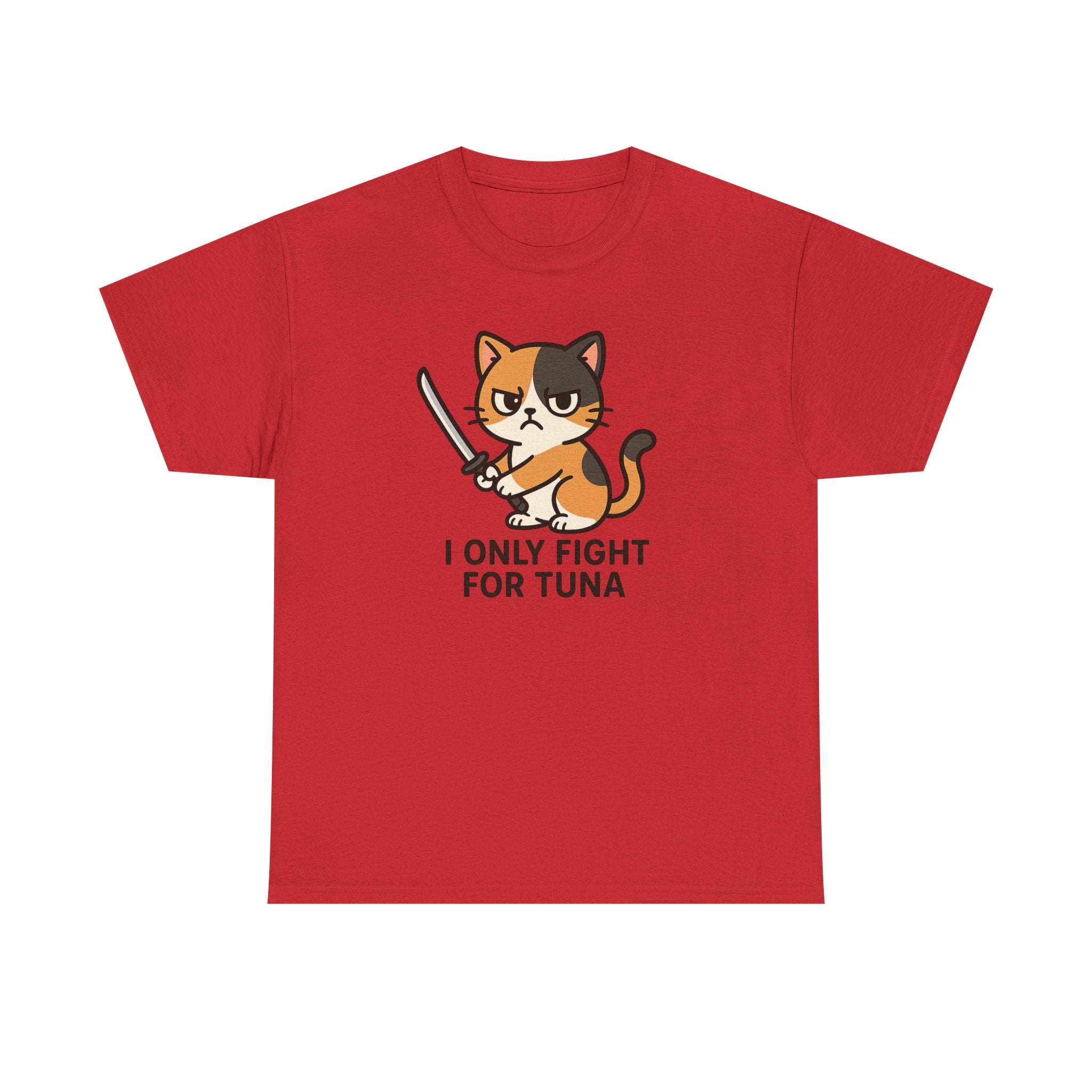 Cat Sword T-Shirt — "I Only Fight for Tuna" Cute Samurai Cat Tee - Adult