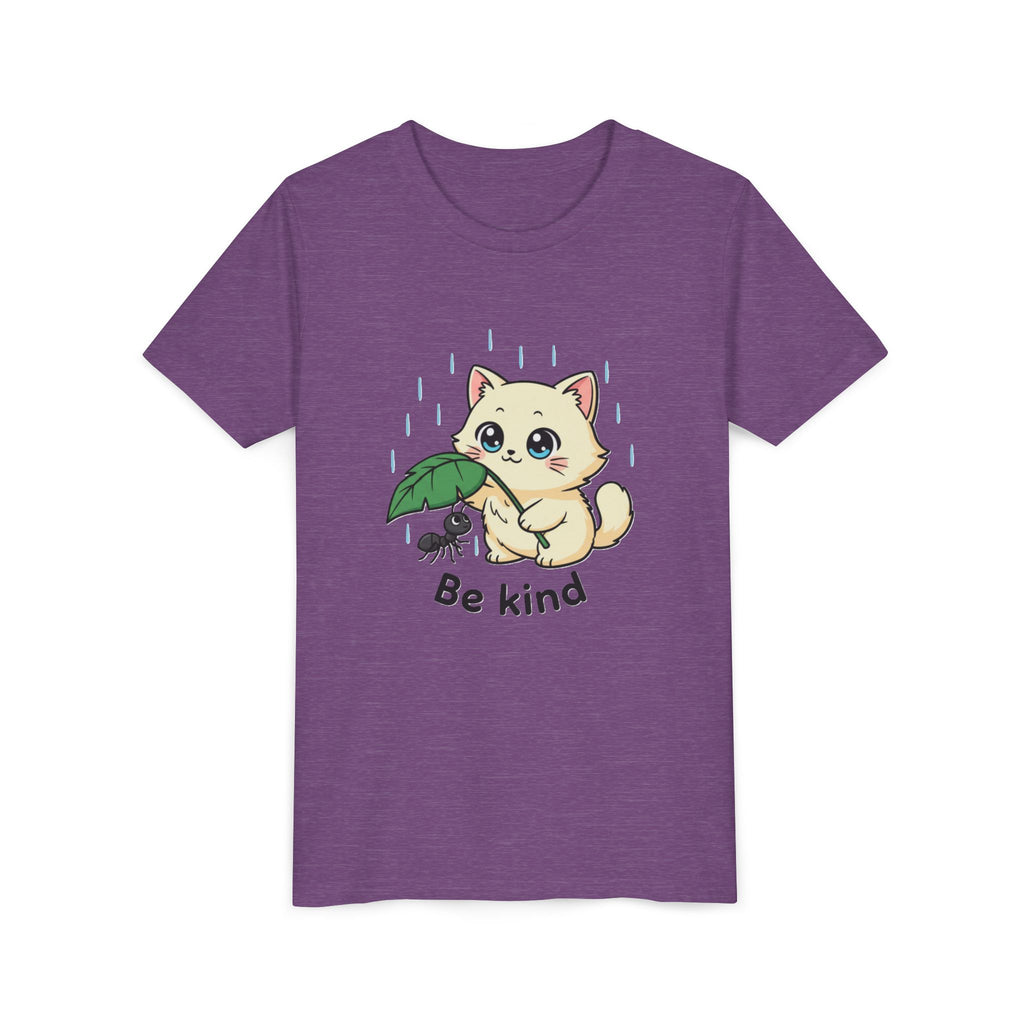 Youth Tee — Cute Kitten Holding Leak Umbrella over Ant with 'Be Kind' Message - Kids