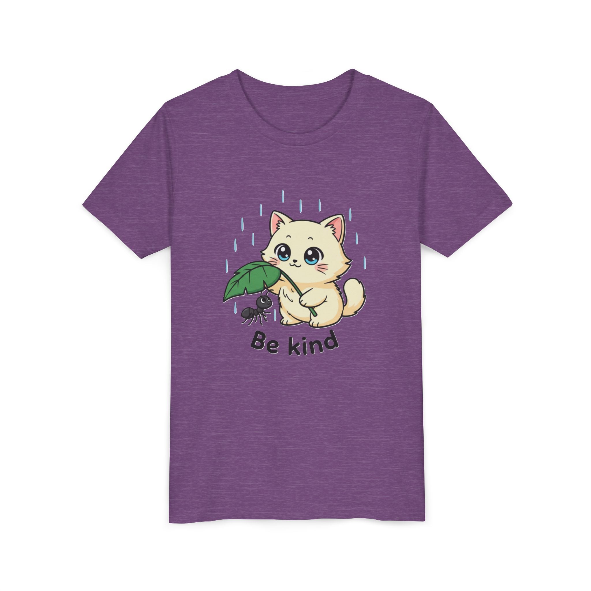 Youth Tee — Cute Kitten Holding Leak Umbrella over Ant with 'Be Kind' Message - Kids