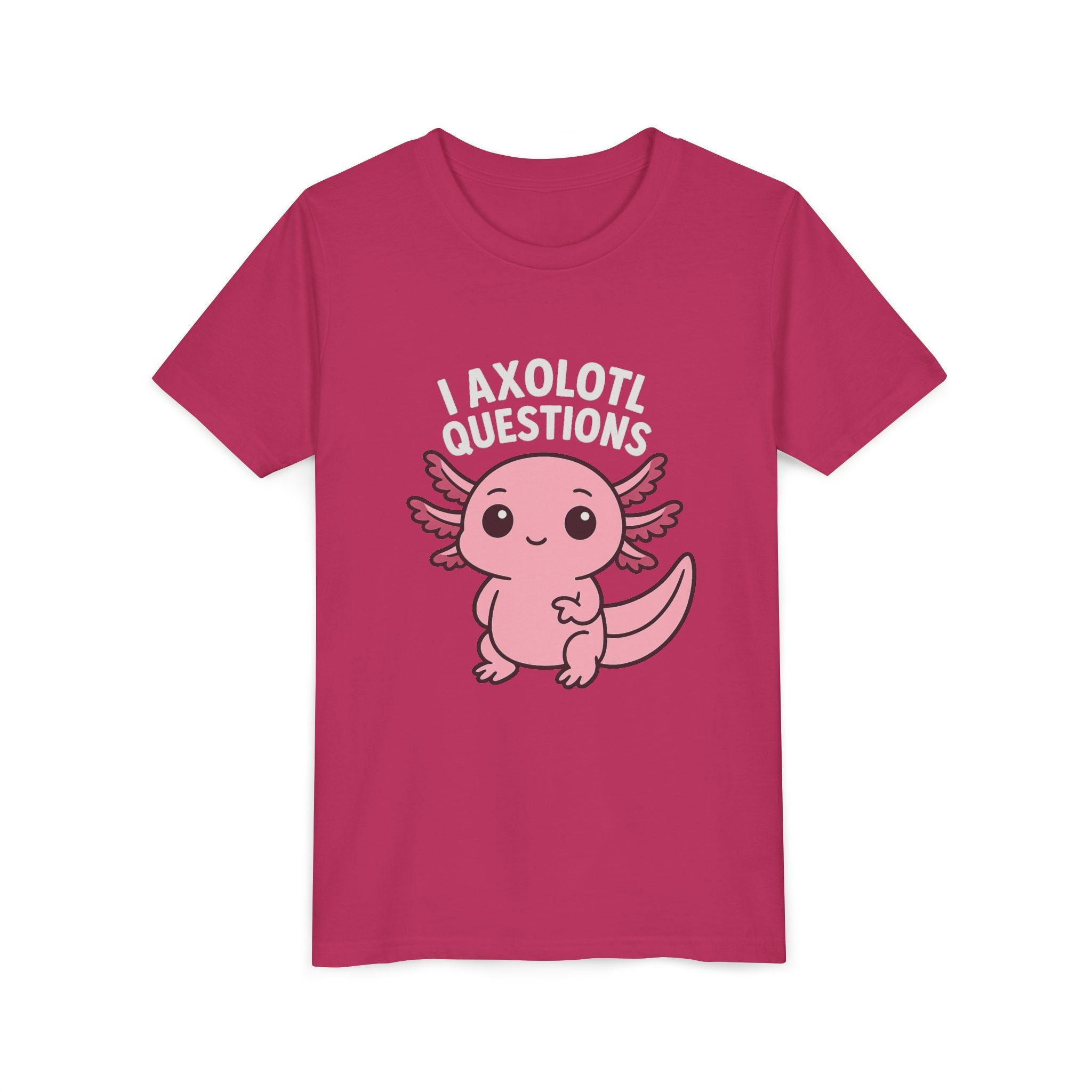 Youth Tee — Cute Pink Axolotl “Axolotl Questions” Kids Shirt