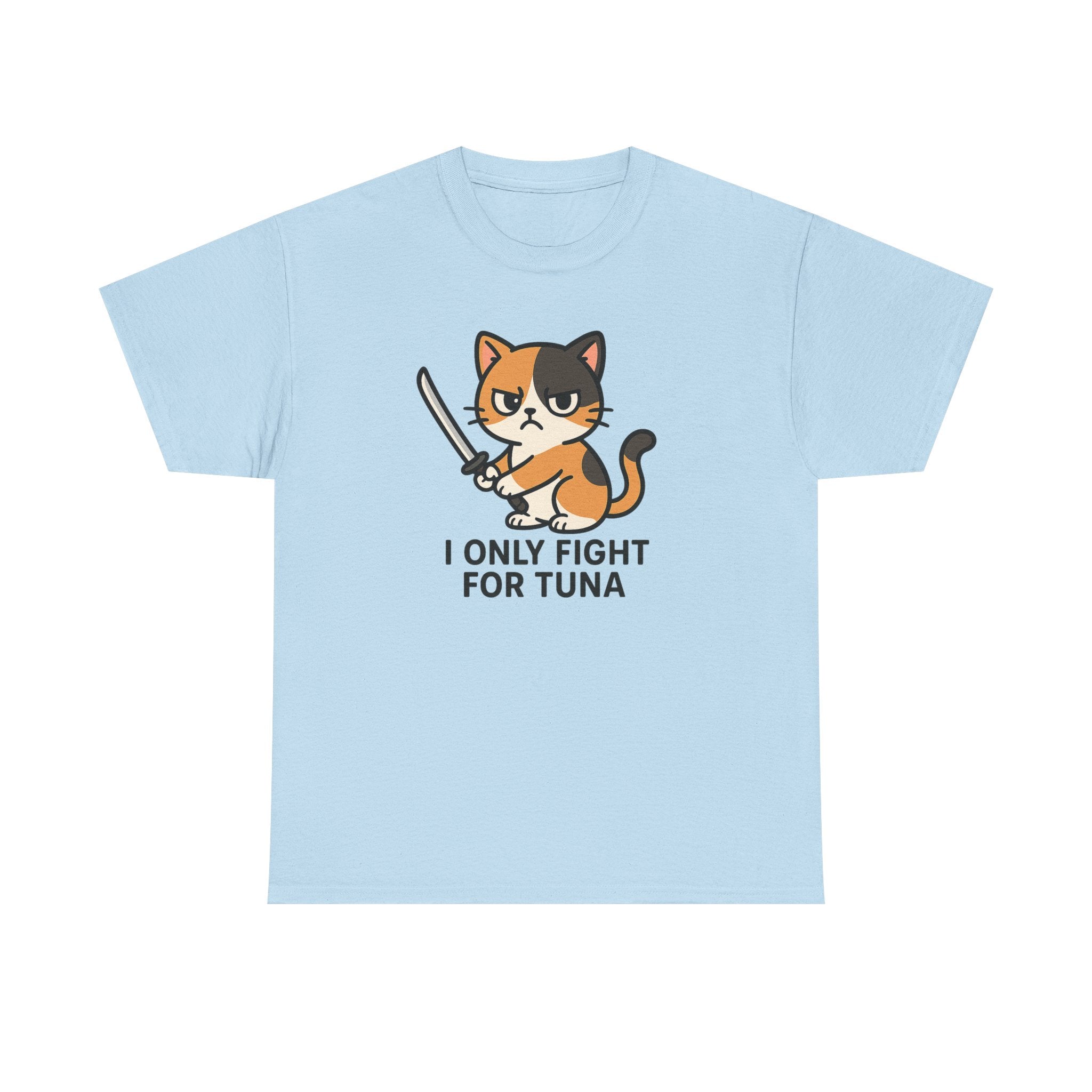 Cat Sword T-Shirt — "I Only Fight for Tuna" Cute Samurai Cat Tee - Adult