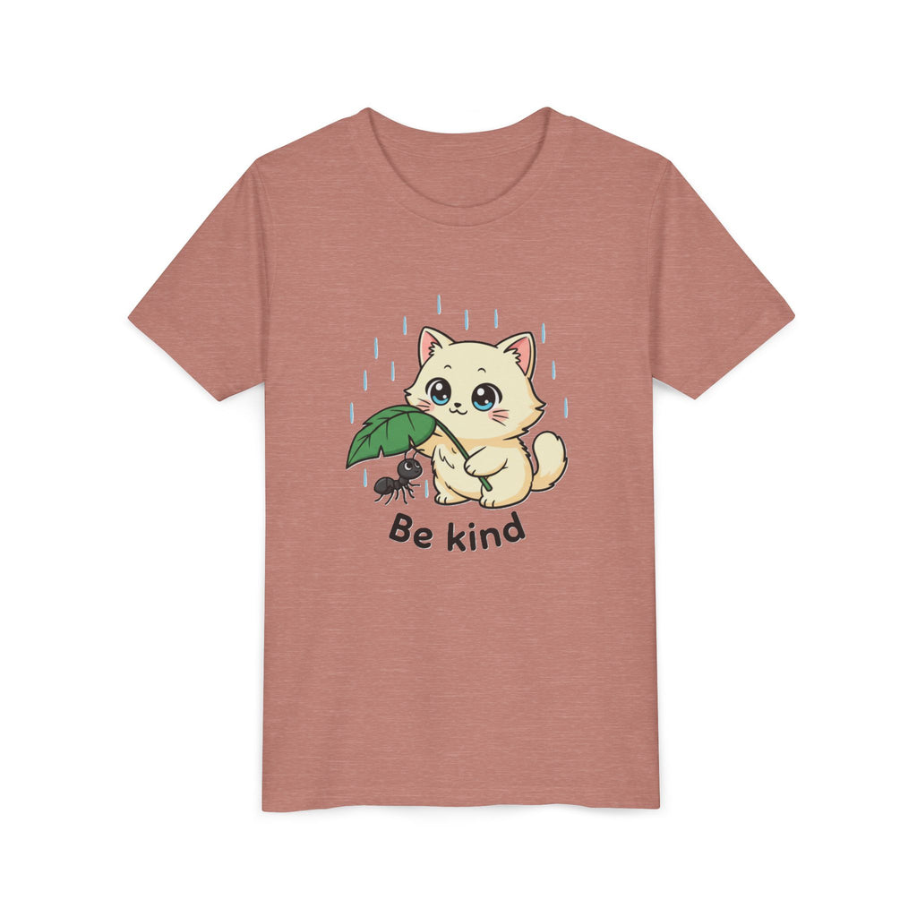 Youth Tee — Cute Kitten Holding Leak Umbrella over Ant with 'Be Kind' Message - Kids