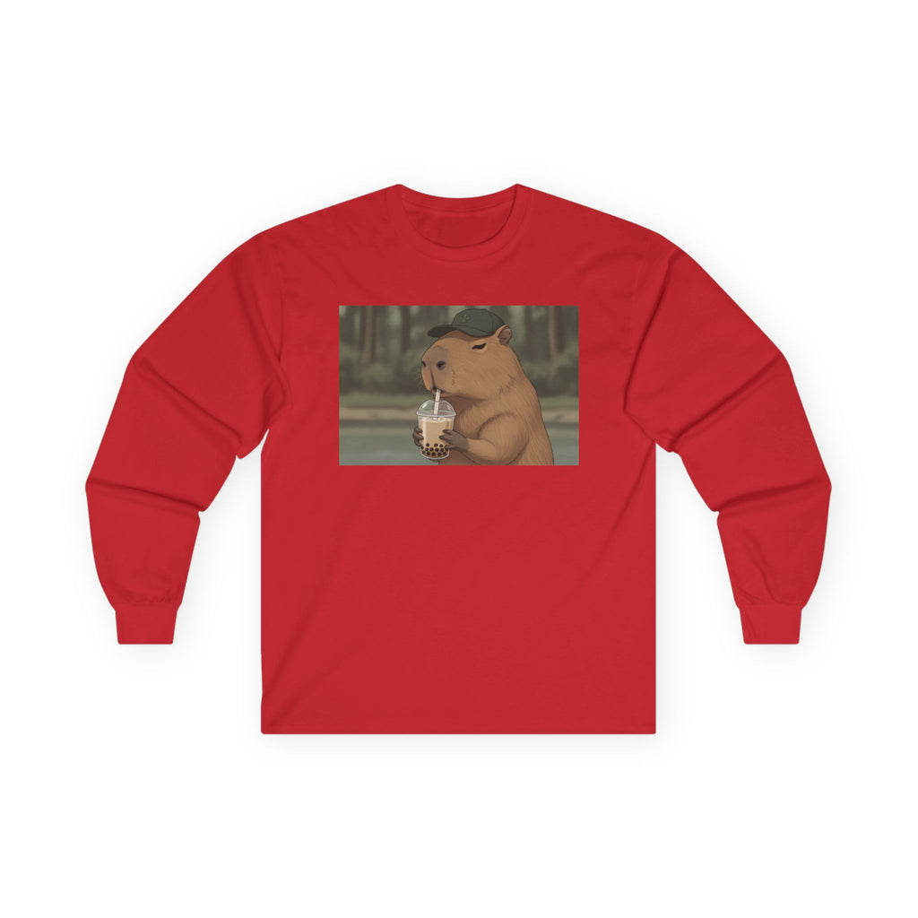 Capybara Drinking Boba Tea Long Sleeve Tee — Cozy Capybara Animal Graphic Shirt - Adult