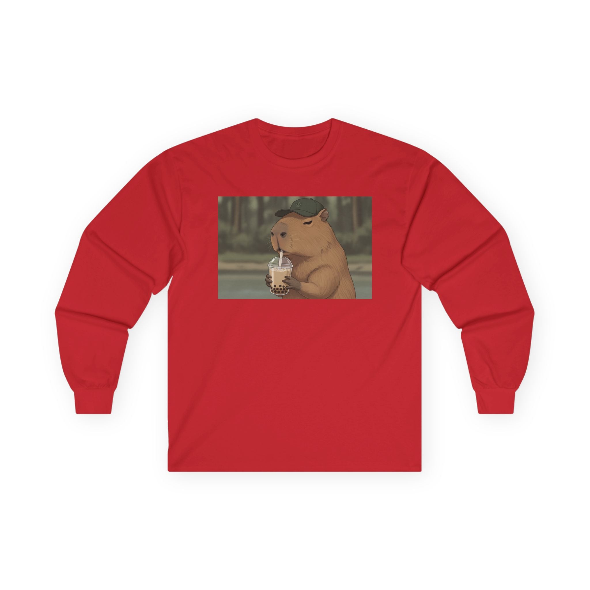 Capybara Drinking Boba Tea Long Sleeve Tee — Cozy Capybara Animal Graphic Shirt - Adult