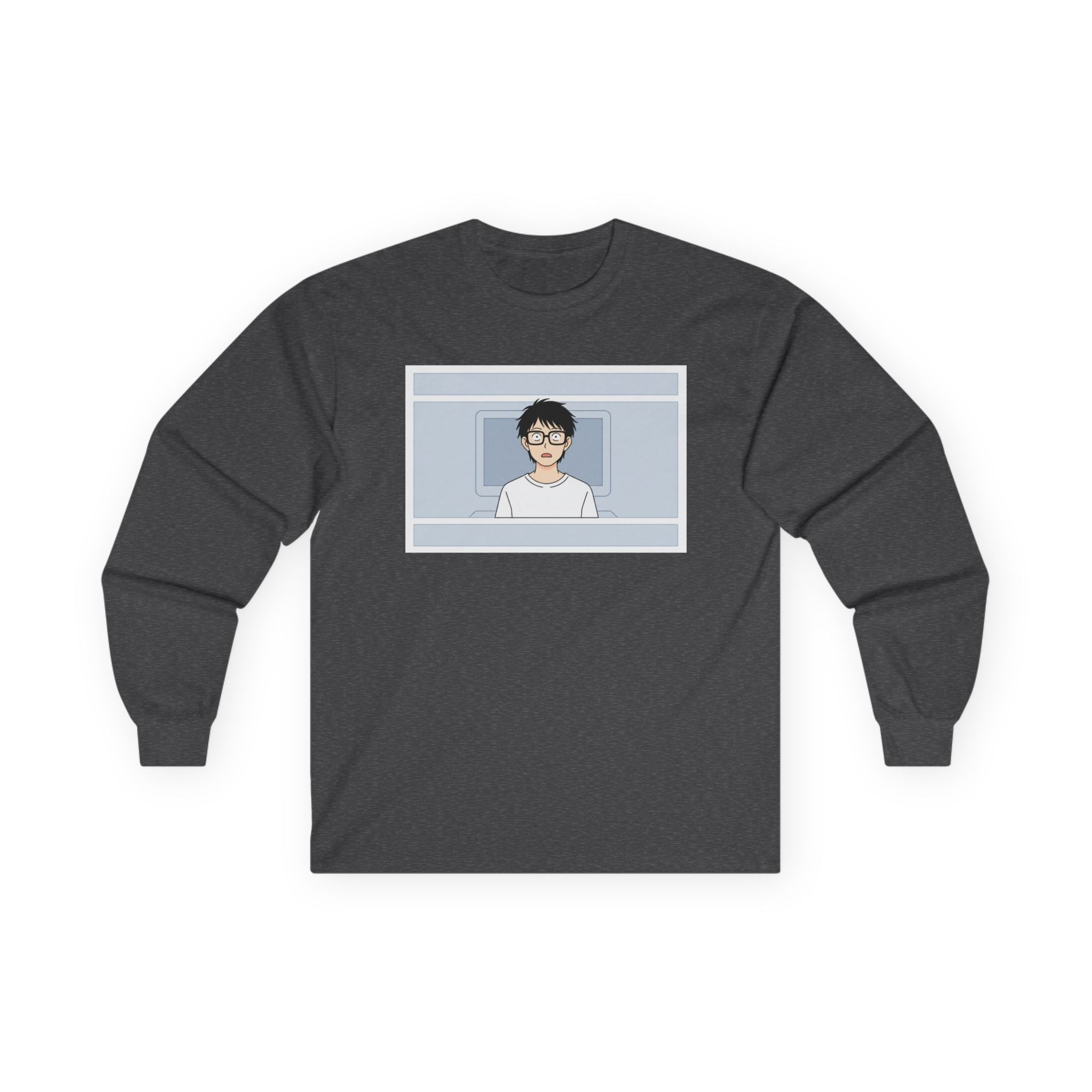 Clueless Otaku Guy Long Sleeve Tee — Minimalist Window Portrait Graphic - Adult