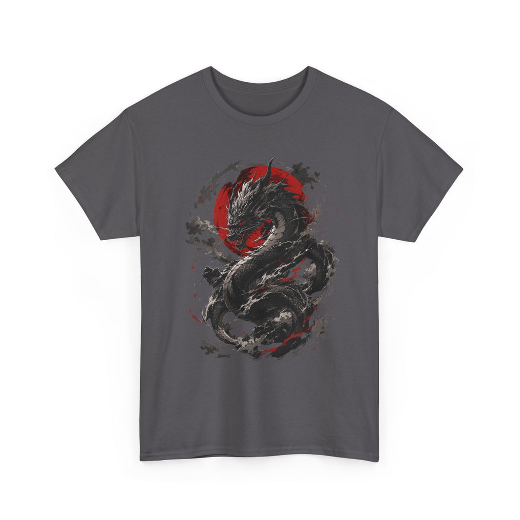 Dragon Moon T‑Shirt — Black Ink Serpent with Red Sun Graphic - Adult