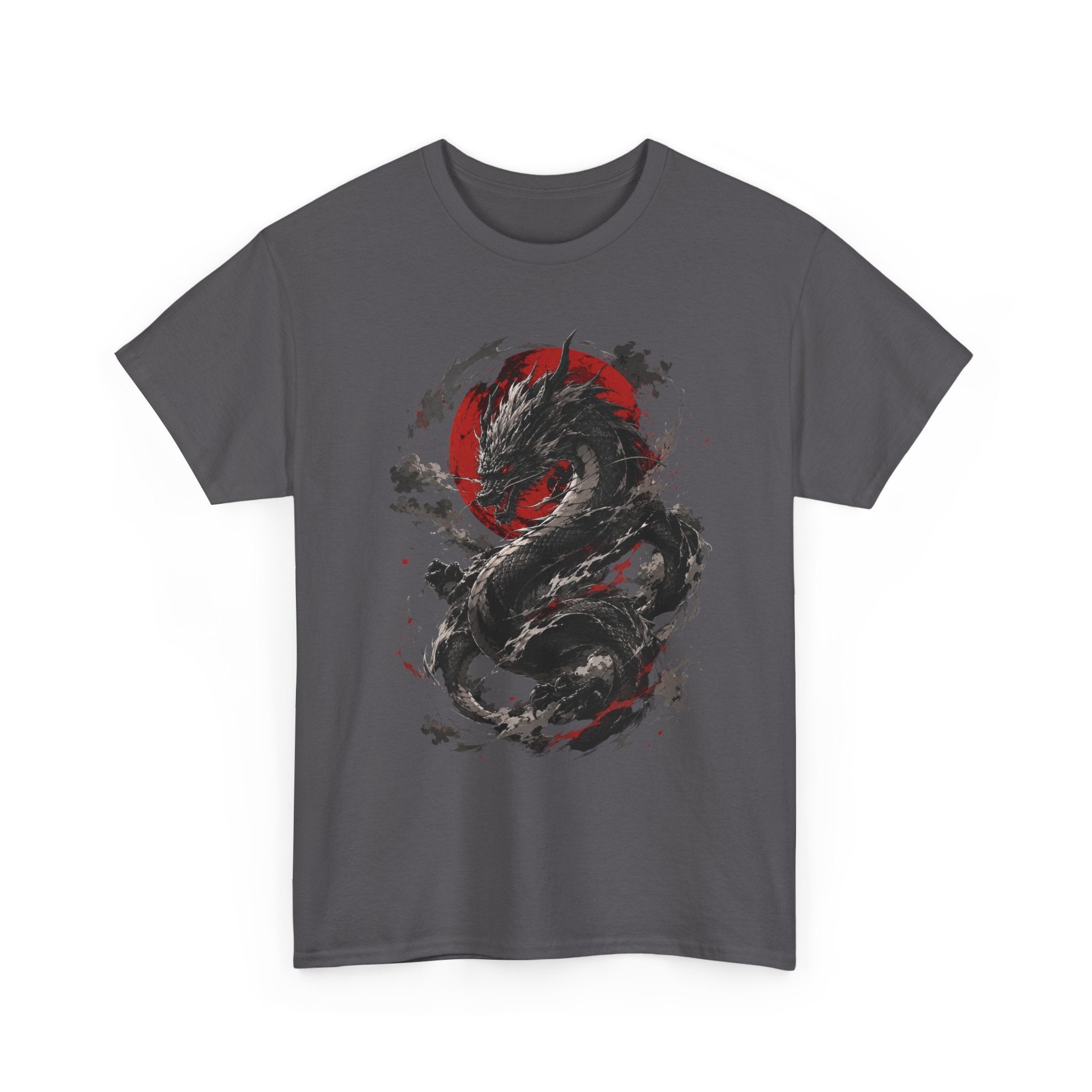 Dragon Moon T‑Shirt — Black Ink Serpent with Red Sun Graphic - Adult