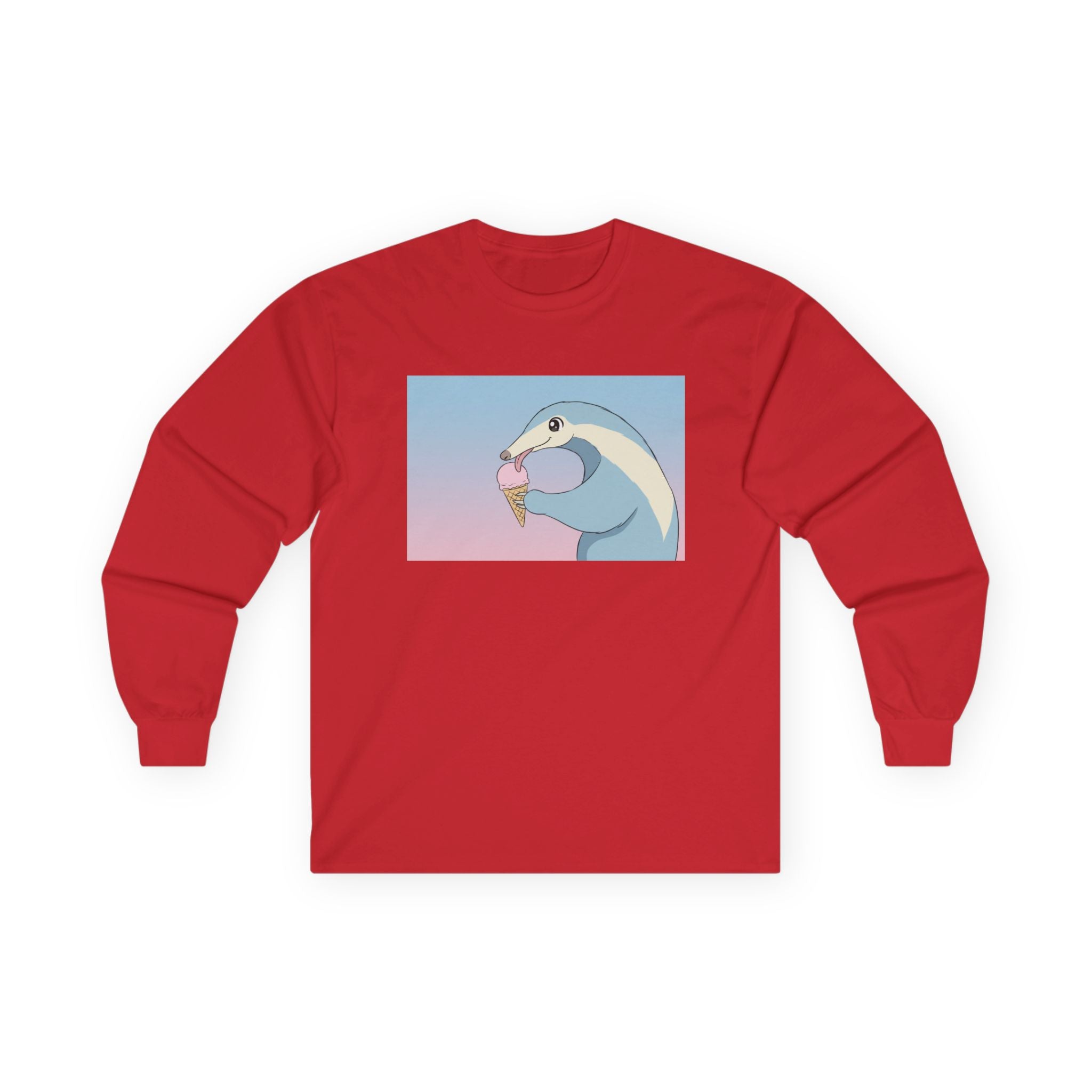 Anteater Eating Ice Cream Long Sleeve Tee — Cute Pastel Anteater Graphic Shirt - Adult