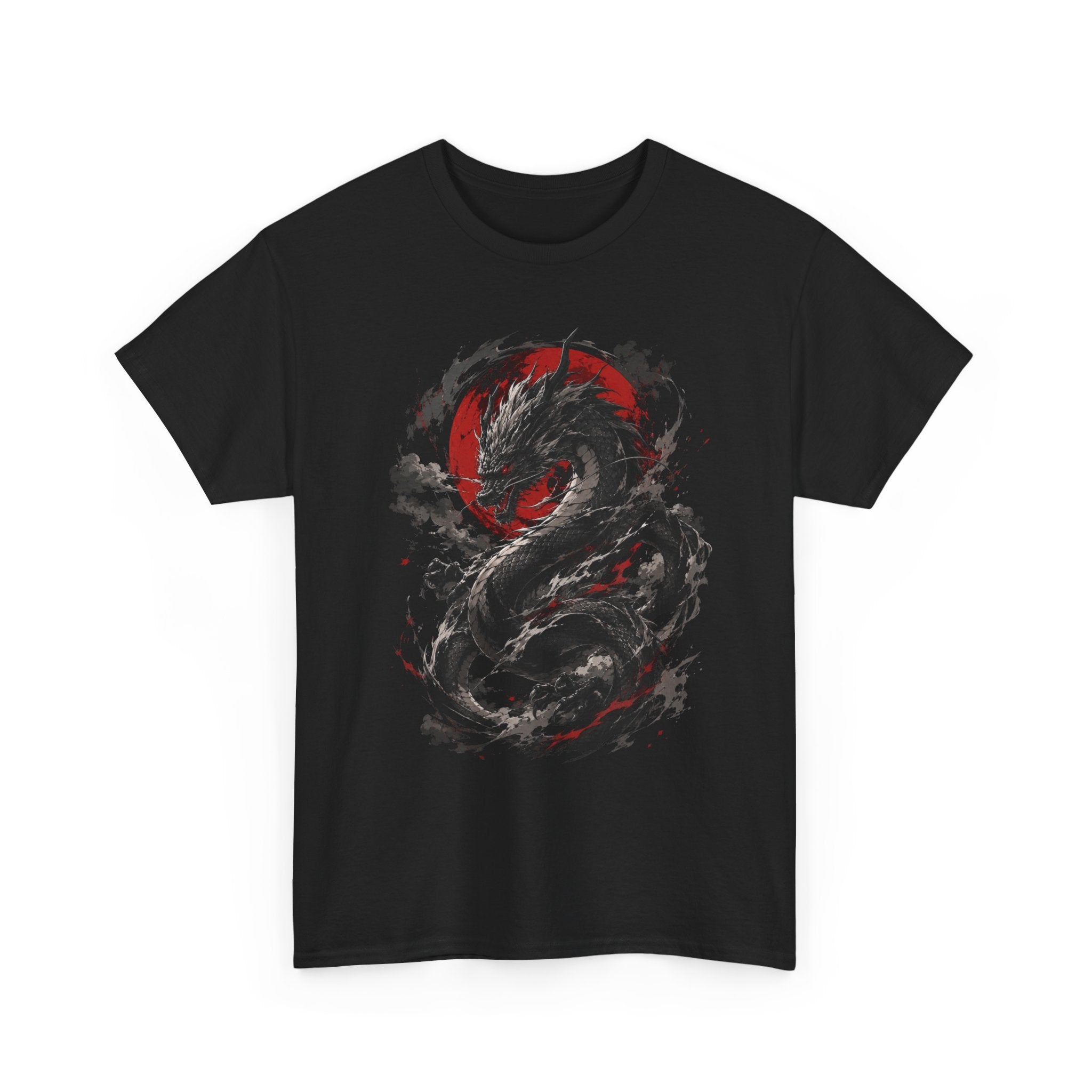 Dragon Moon T‑Shirt — Black Ink Serpent with Red Sun Graphic - Adult