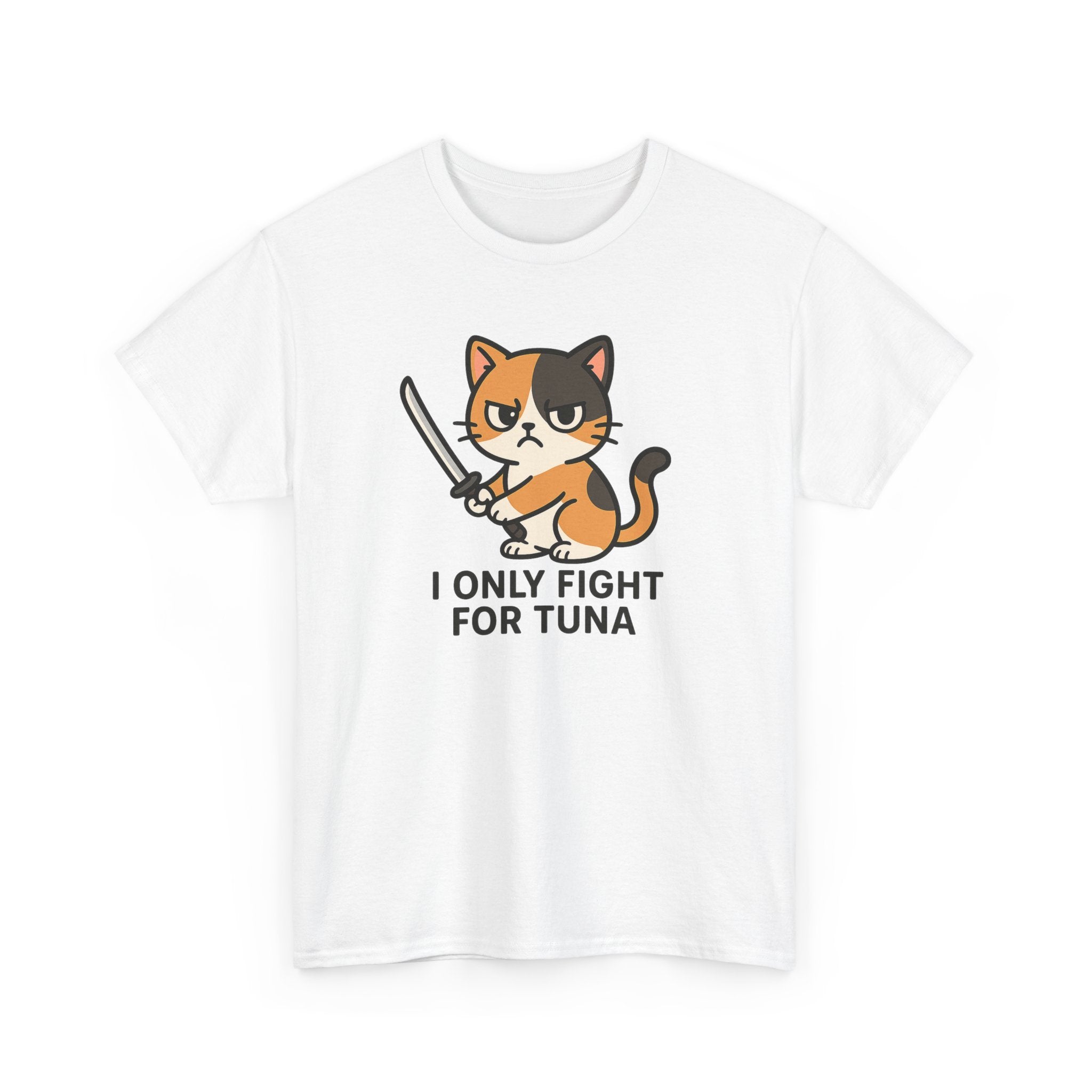 Cat Sword T-Shirt — "I Only Fight for Tuna" Cute Samurai Cat Tee - Adult
