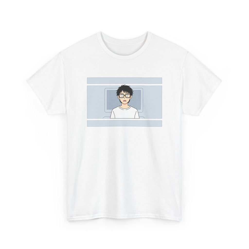 Clueless Otaku Minimalist Anime Guy Graphic Tee — Soft White Casual Shirt - Adult