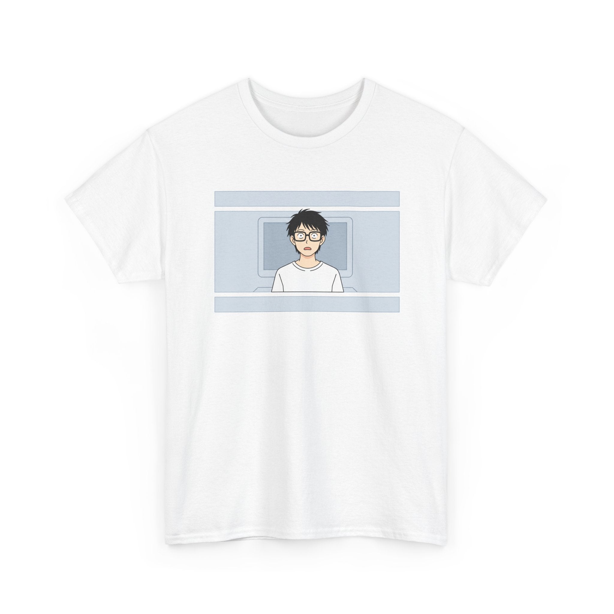 Clueless Otaku Minimalist Anime Guy Graphic Tee — Soft White Casual Shirt - Adult