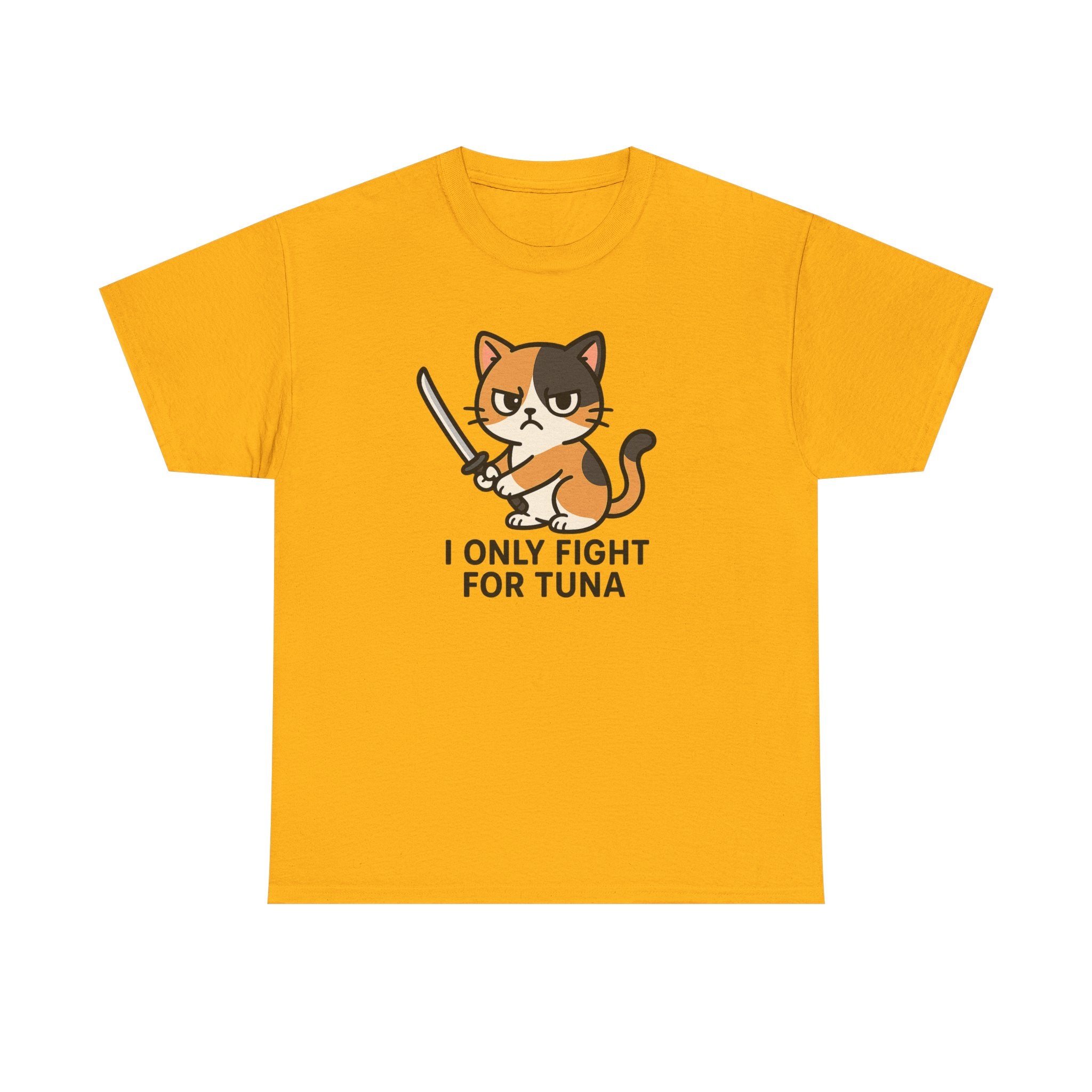Cat Sword T-Shirt — "I Only Fight for Tuna" Cute Samurai Cat Tee - Adult