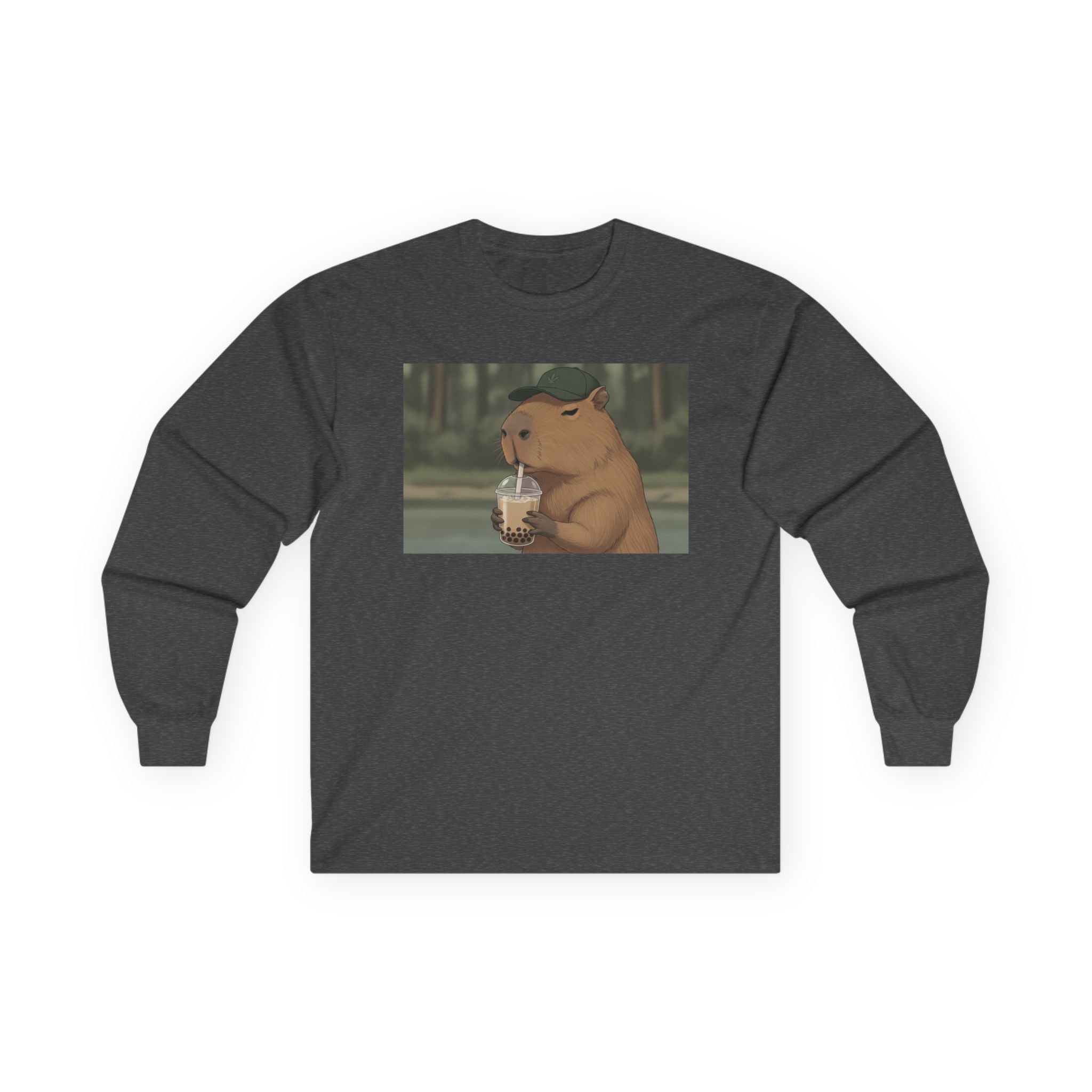 Capybara Drinking Boba Tea Long Sleeve Tee — Cozy Capybara Animal Graphic Shirt - Adult