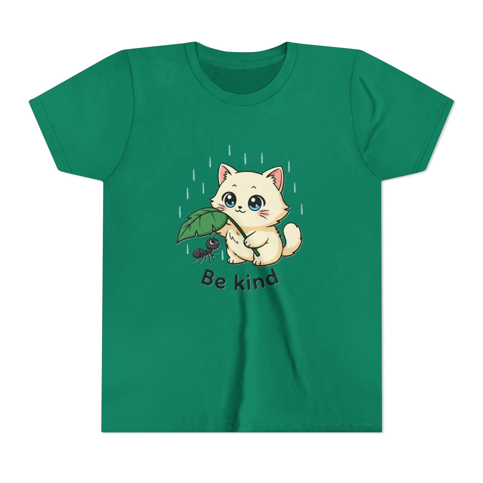 Youth Tee — Cute Kitten Holding Leak Umbrella over Ant with 'Be Kind' Message - Kids