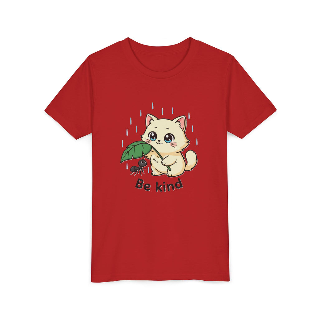 Youth Tee — Cute Kitten Holding Leak Umbrella over Ant with 'Be Kind' Message - Kids