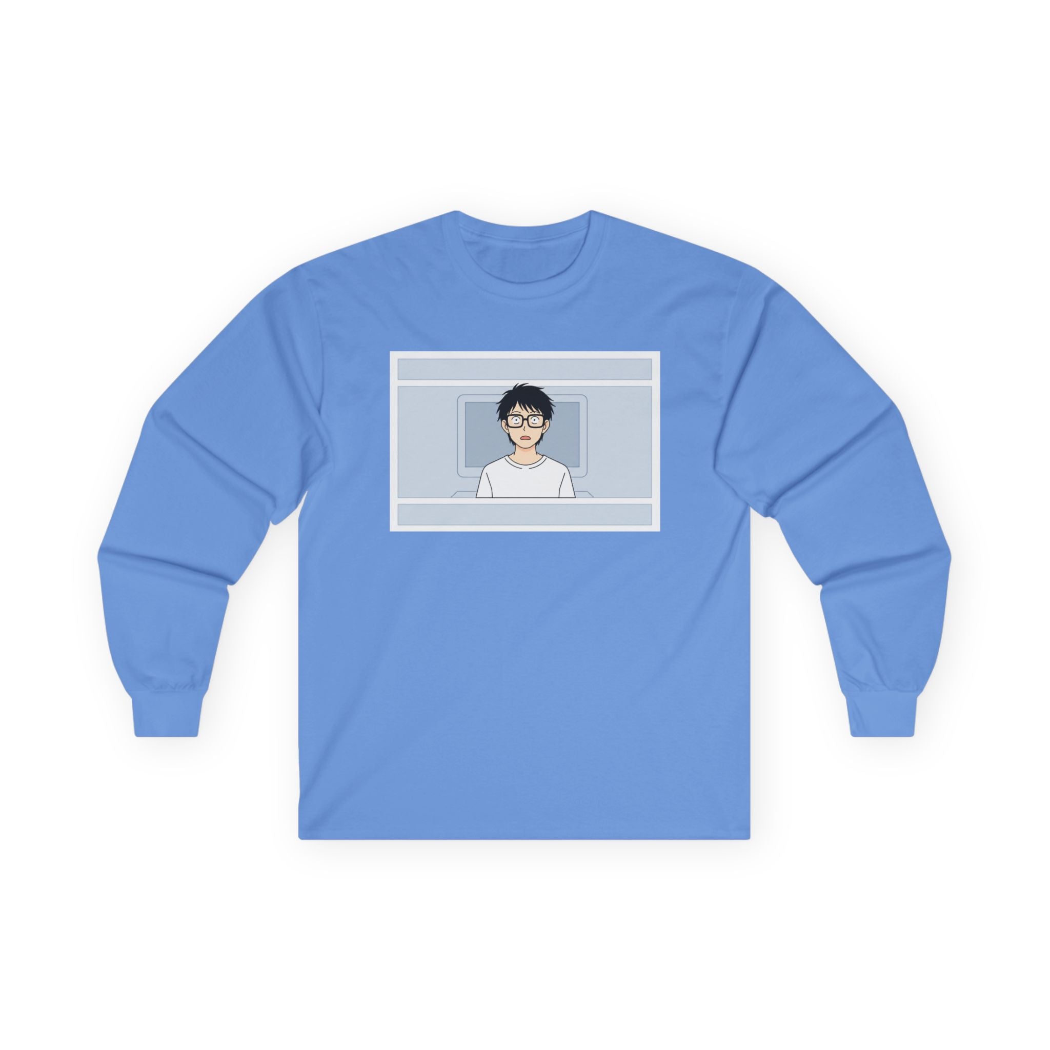 Clueless Otaku Guy Long Sleeve Tee — Minimalist Window Portrait Graphic - Adult