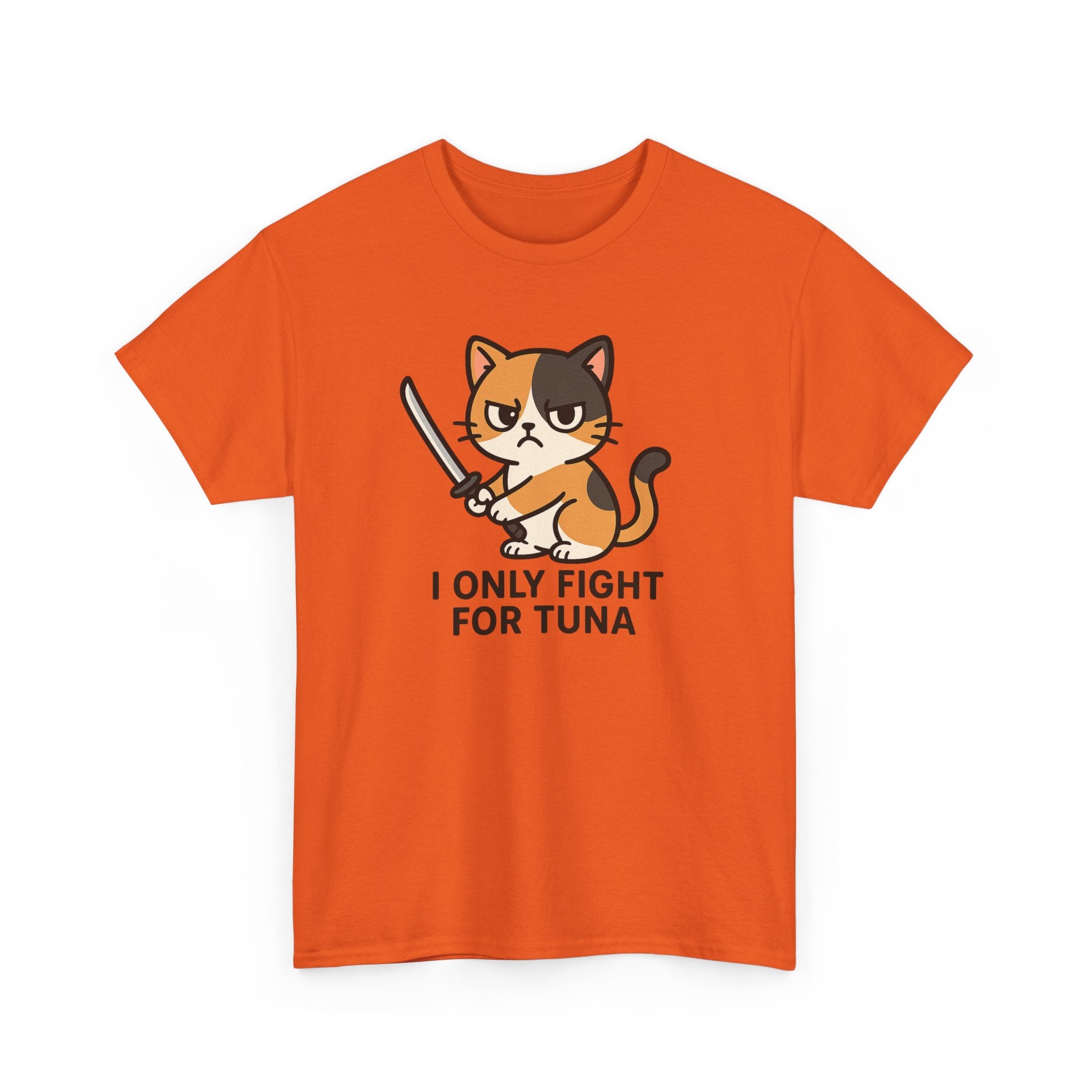 Cat Sword T-Shirt — "I Only Fight for Tuna" Cute Samurai Cat Tee - Adult