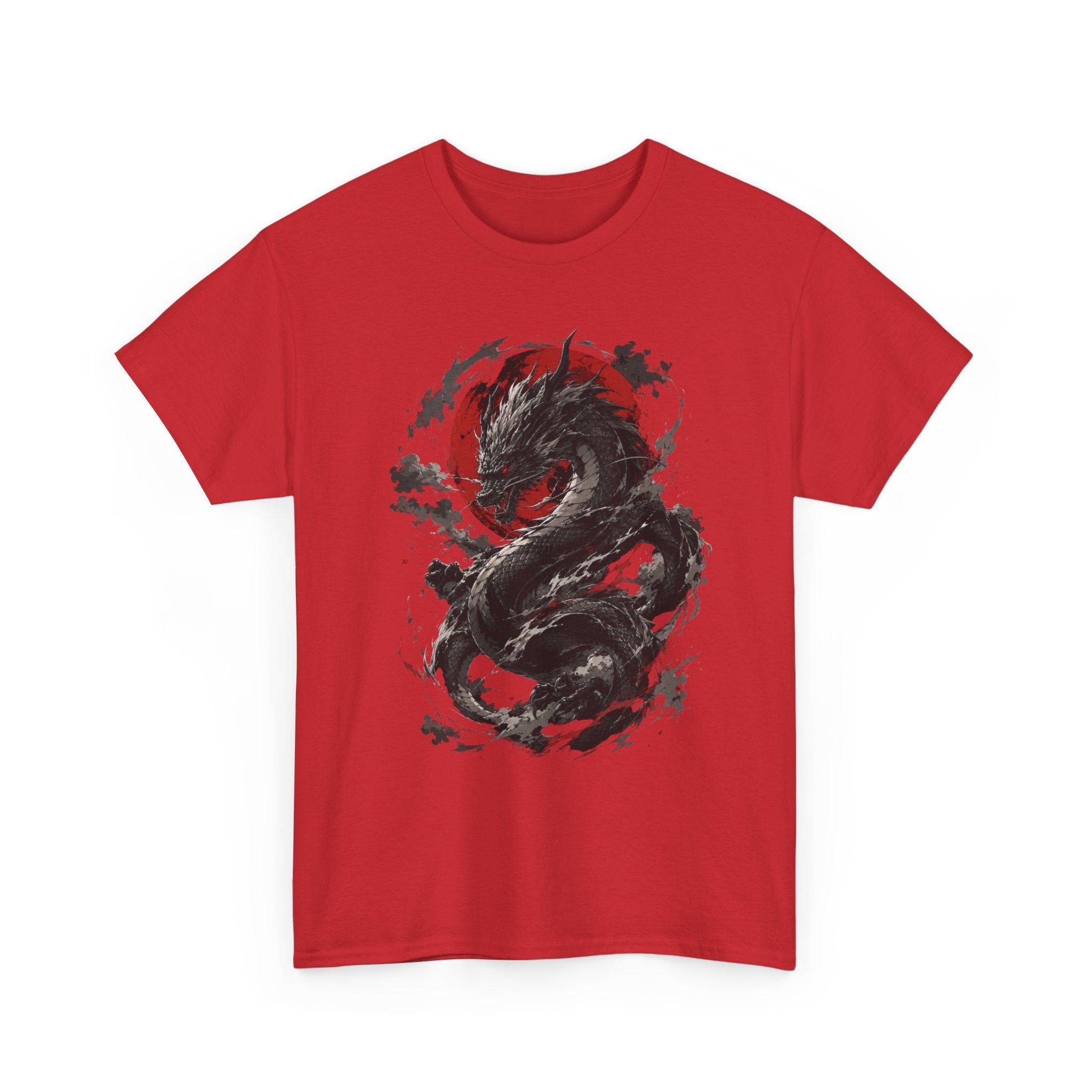 Dragon Moon T‑Shirt — Black Ink Serpent with Red Sun Graphic - Adult