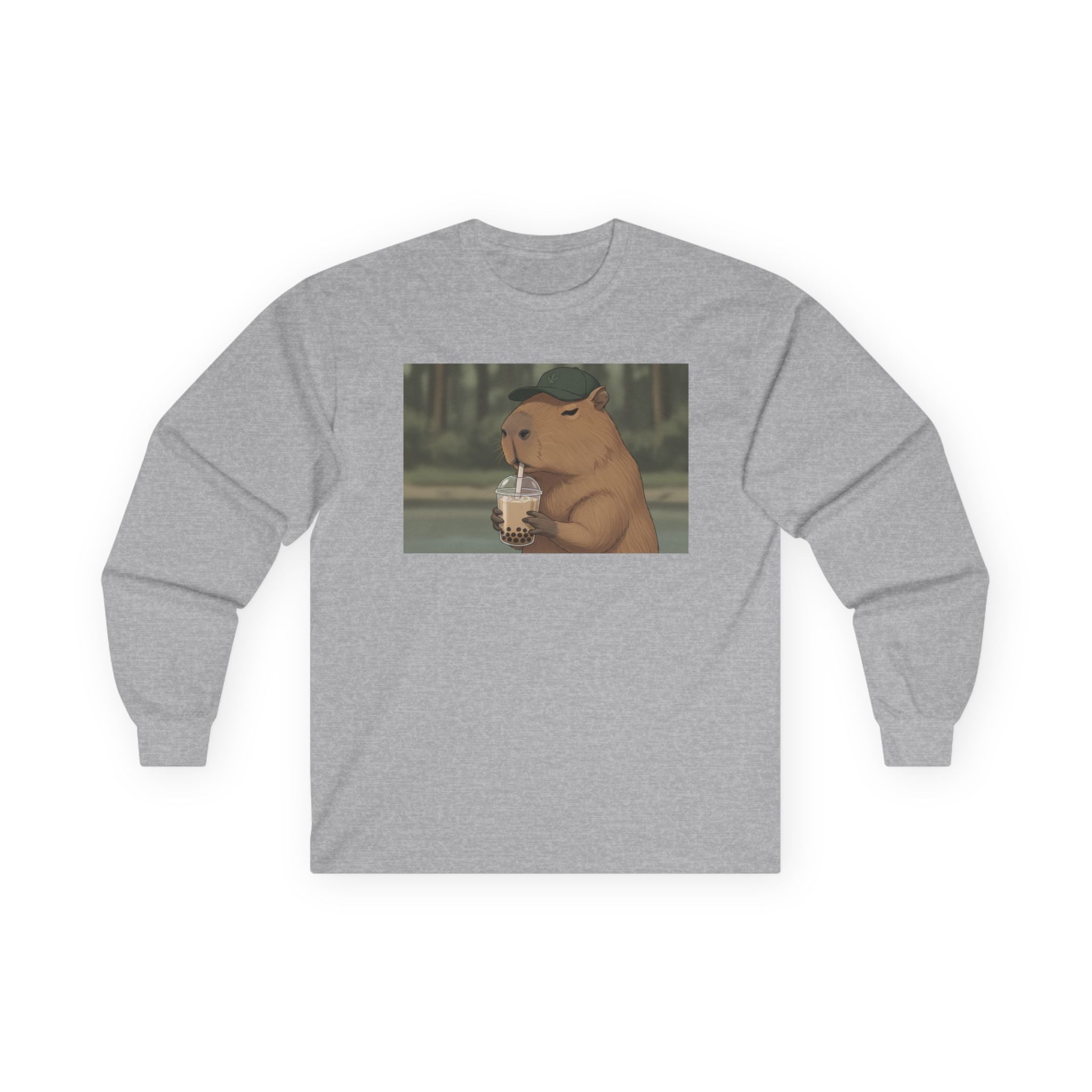Capybara Drinking Boba Tea Long Sleeve Tee — Cozy Capybara Animal Graphic Shirt - Adult