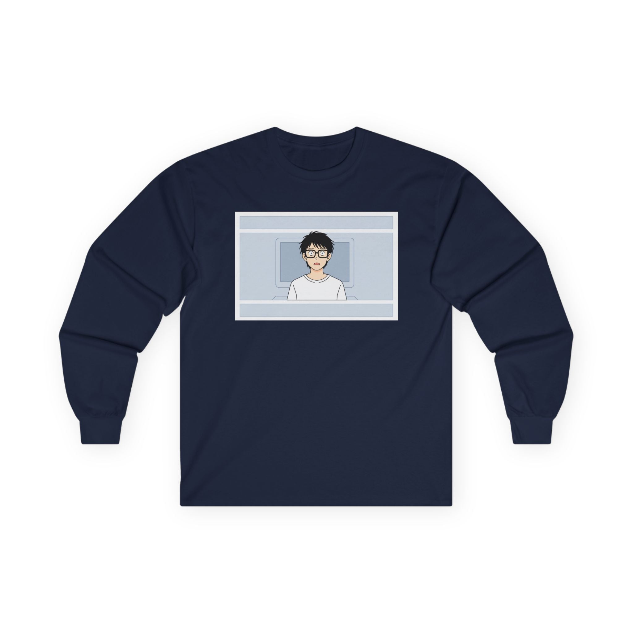 Clueless Otaku Guy Long Sleeve Tee — Minimalist Window Portrait Graphic - Adult