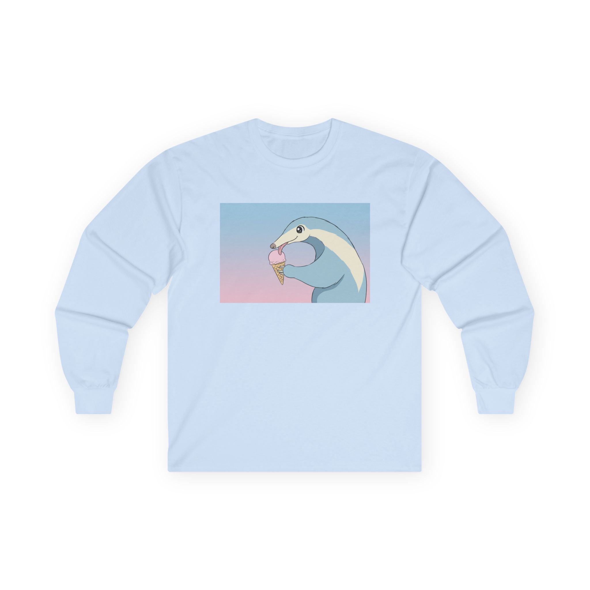 Anteater Eating Ice Cream Long Sleeve Tee — Cute Pastel Anteater Graphic Shirt - Adult