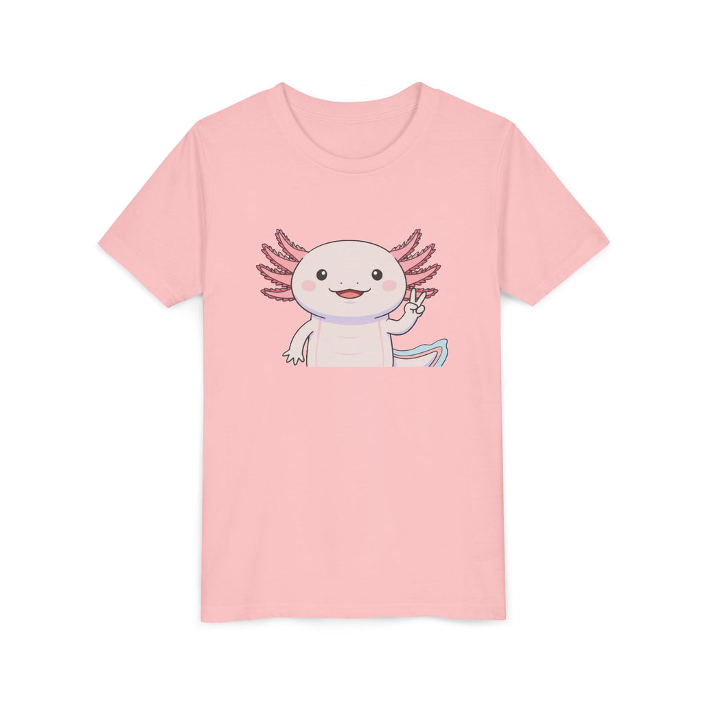 Kids Axolotl Throwing Peace Graphic Tee — Cute Pink Axolotl Salamander Youth T-Shirt - Kids