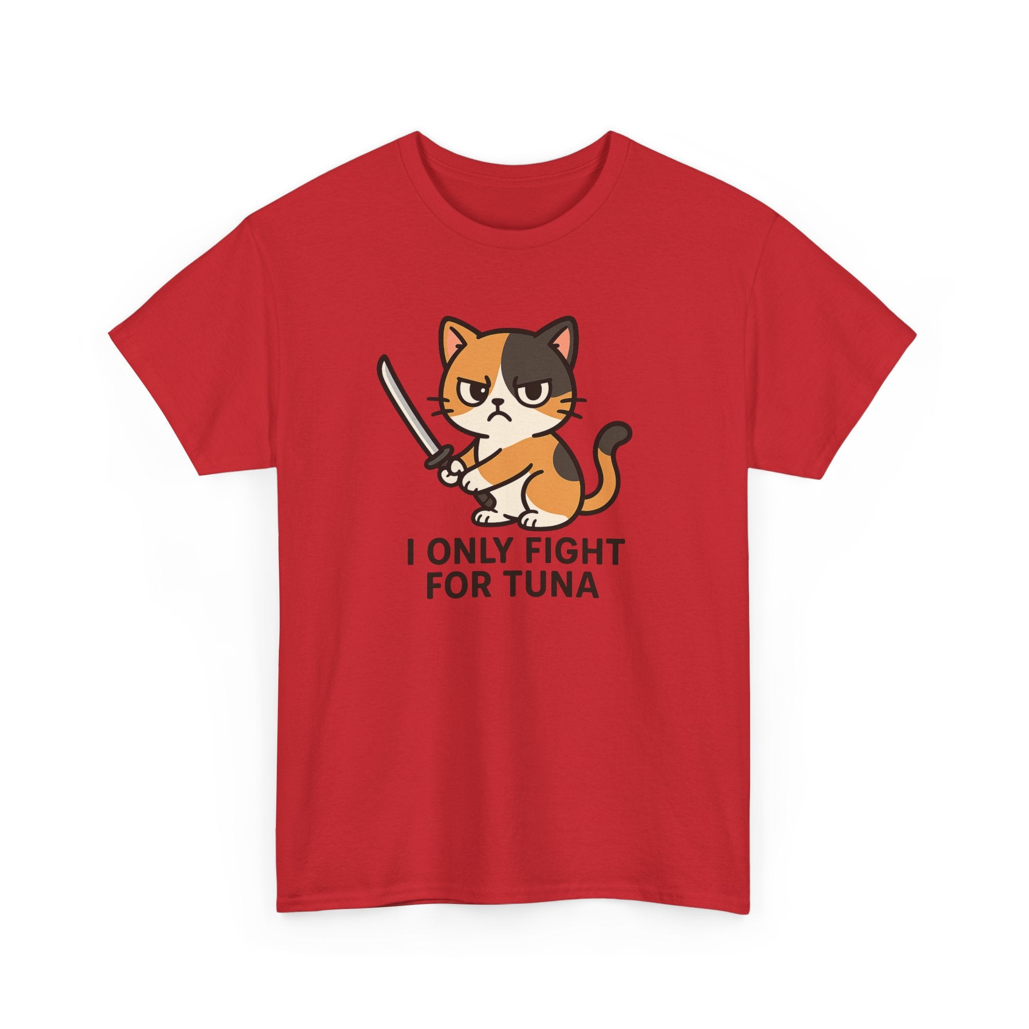 Cat Sword T-Shirt — "I Only Fight for Tuna" Cute Samurai Cat Tee - Adult
