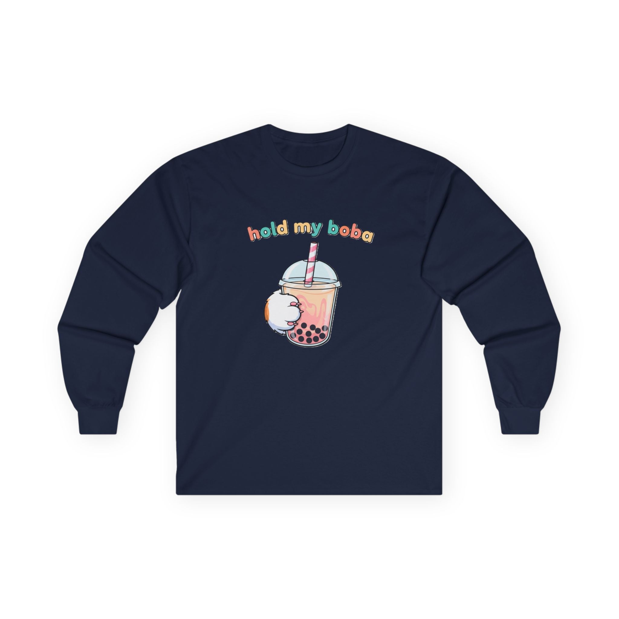 Boba Cat Long Sleeve Tee — "Hold My Boba" Cute Bubble Tea Shirt - Adult