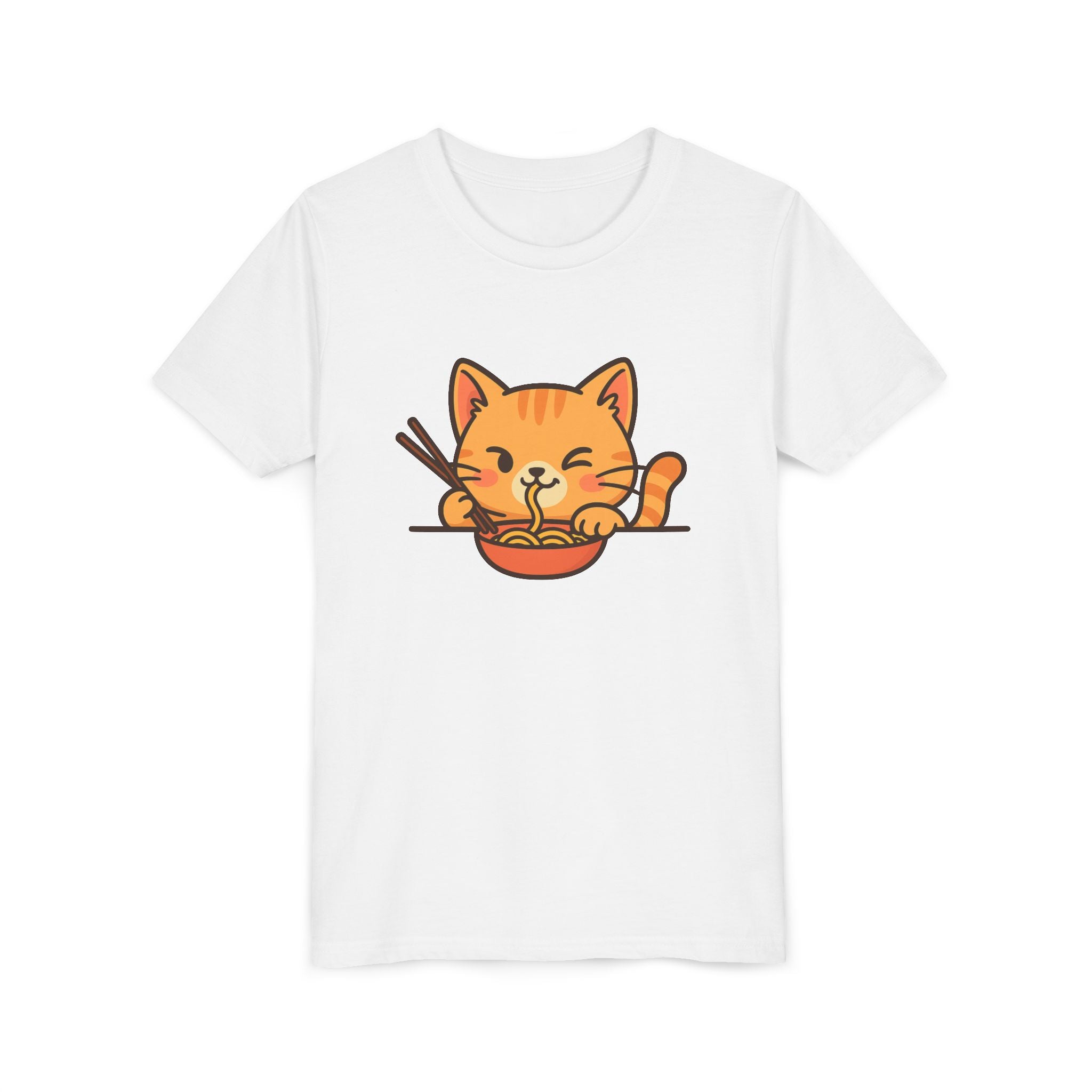 Kids Cat Eating Ramen T-Shirt – Cute Anime Noodle Kitty Youth Tee - Kids