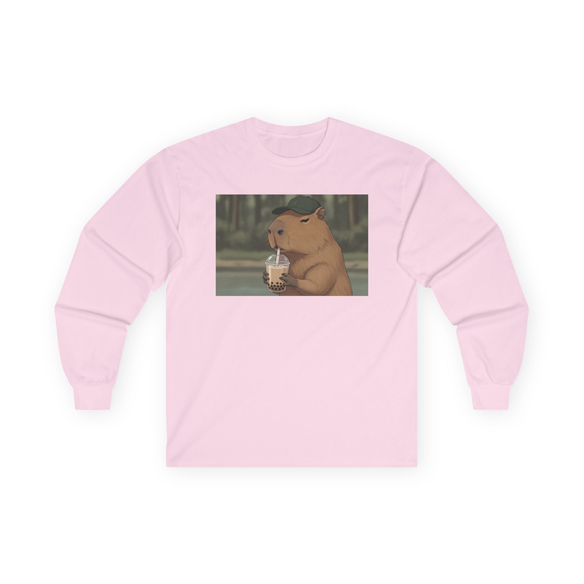 Capybara Drinking Boba Tea Long Sleeve Tee — Cozy Capybara Animal Graphic Shirt - Adult