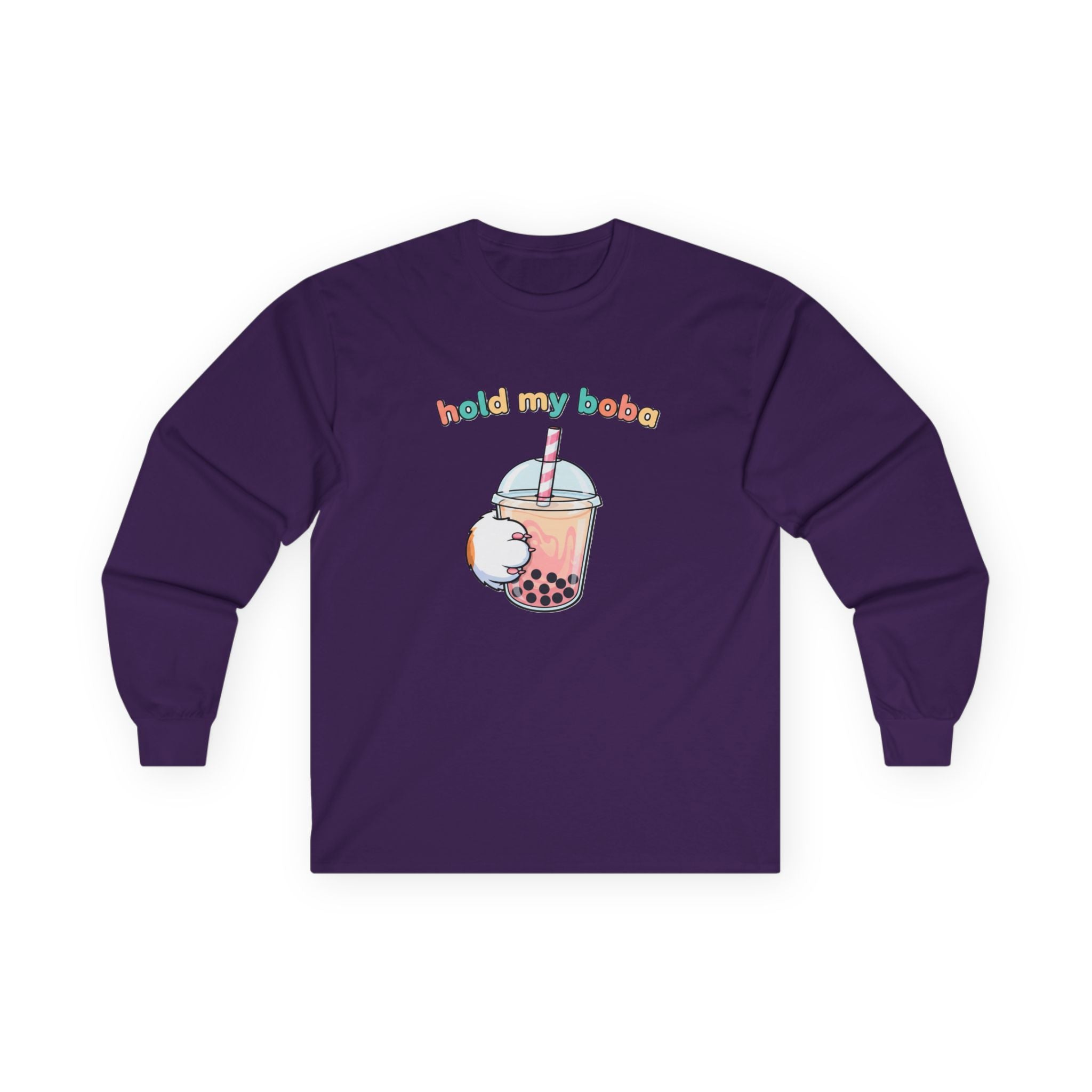 Boba Cat Long Sleeve Tee — "Hold My Boba" Cute Bubble Tea Shirt - Adult